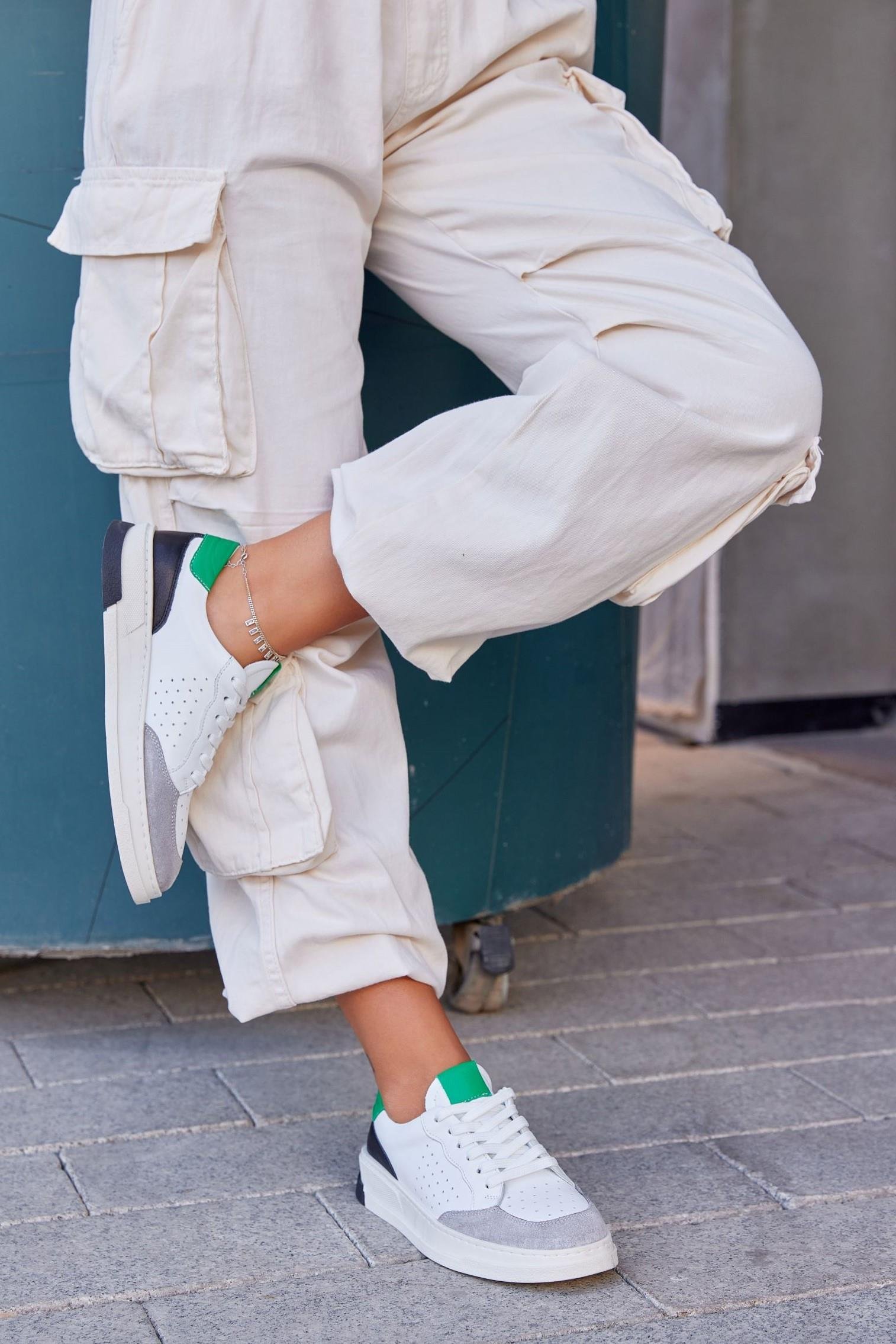 Marsel Beyaz Yeşil Hakiki Deri Kadın Sneaker