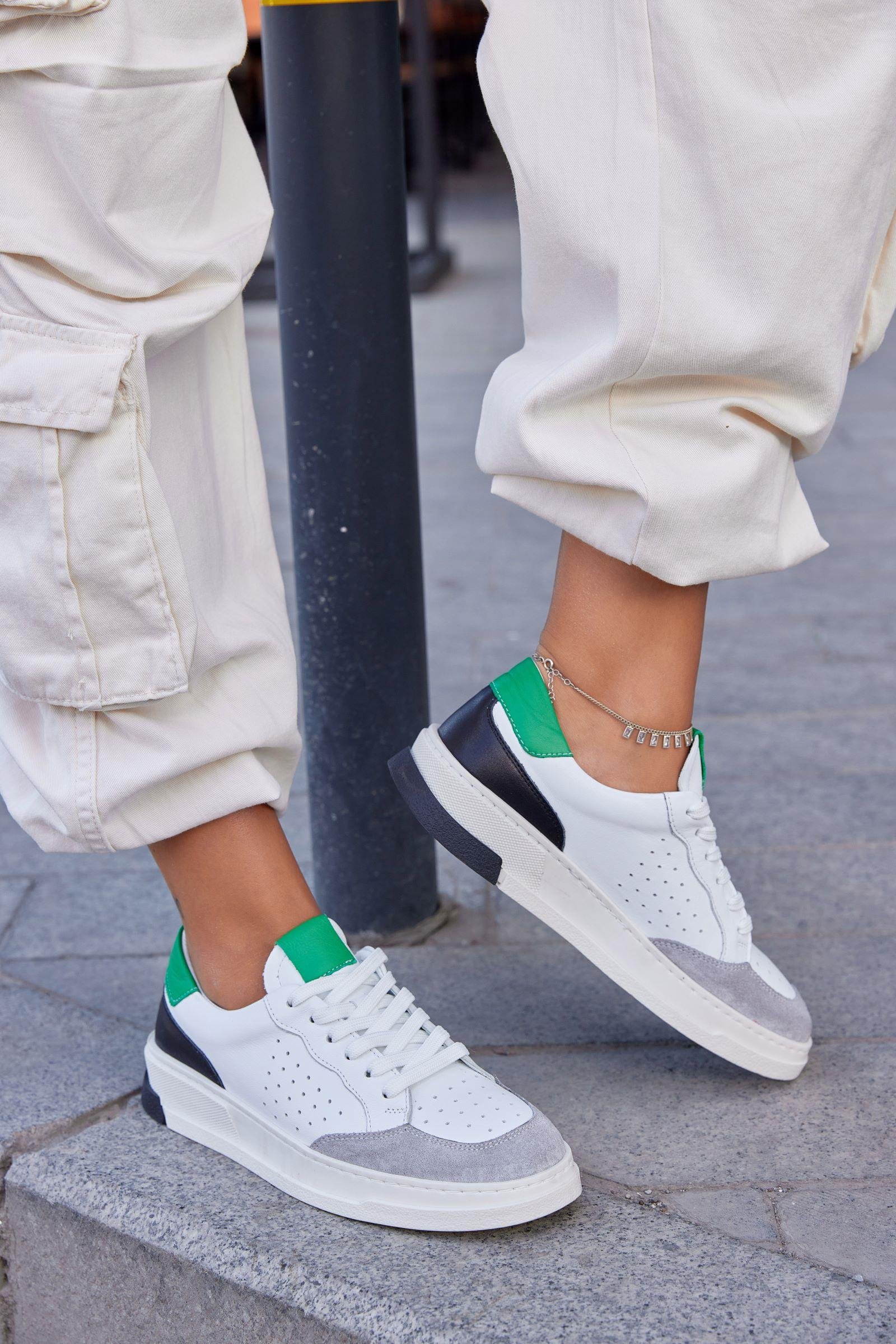 Marsel Beyaz Yeşil Hakiki Deri Kadın Sneaker