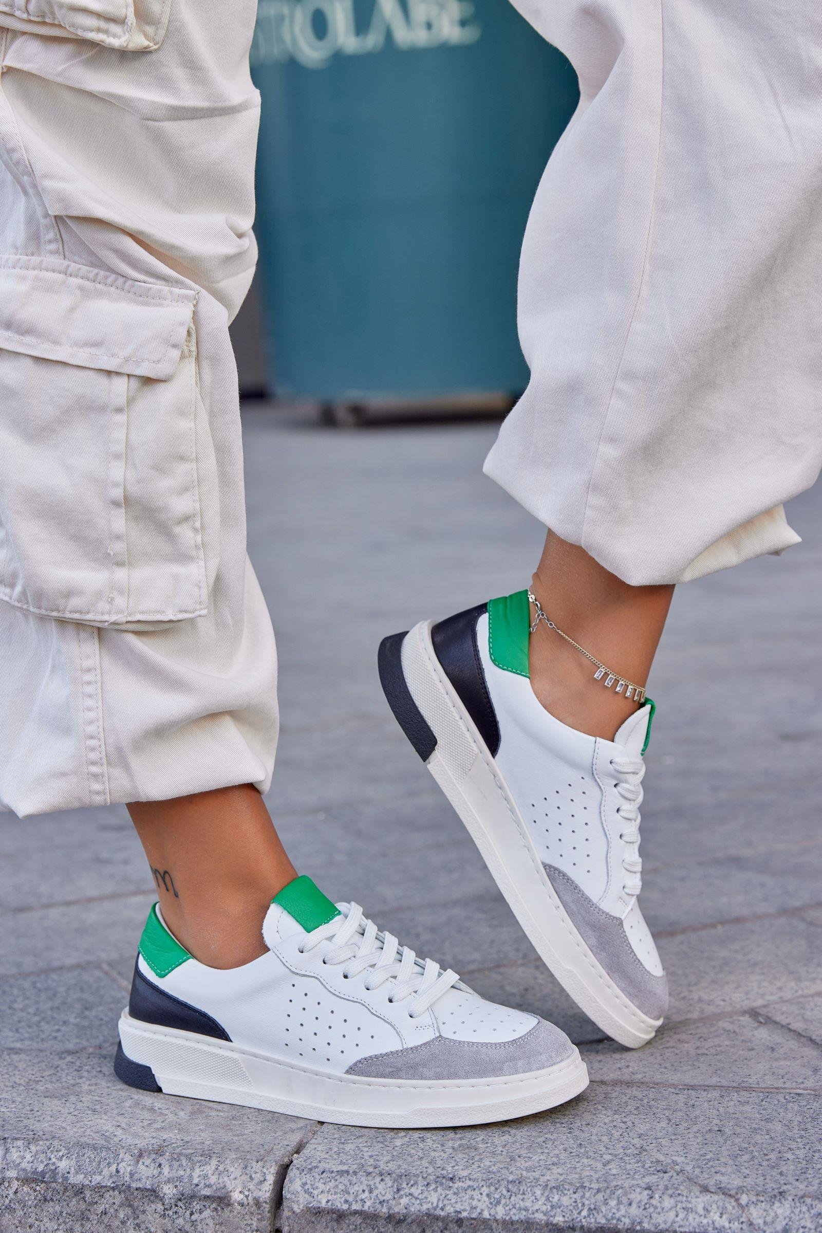 Marsel Beyaz Yeşil Hakiki Deri Kadın Sneaker