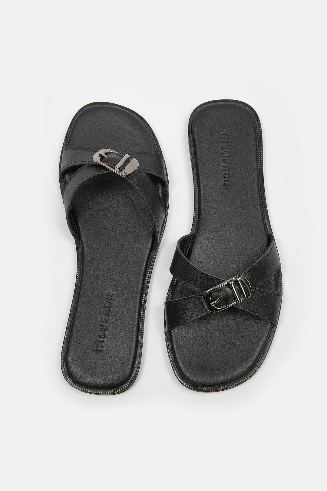 Mazzeo Siyah Hakiki Deri Kadın Terlik