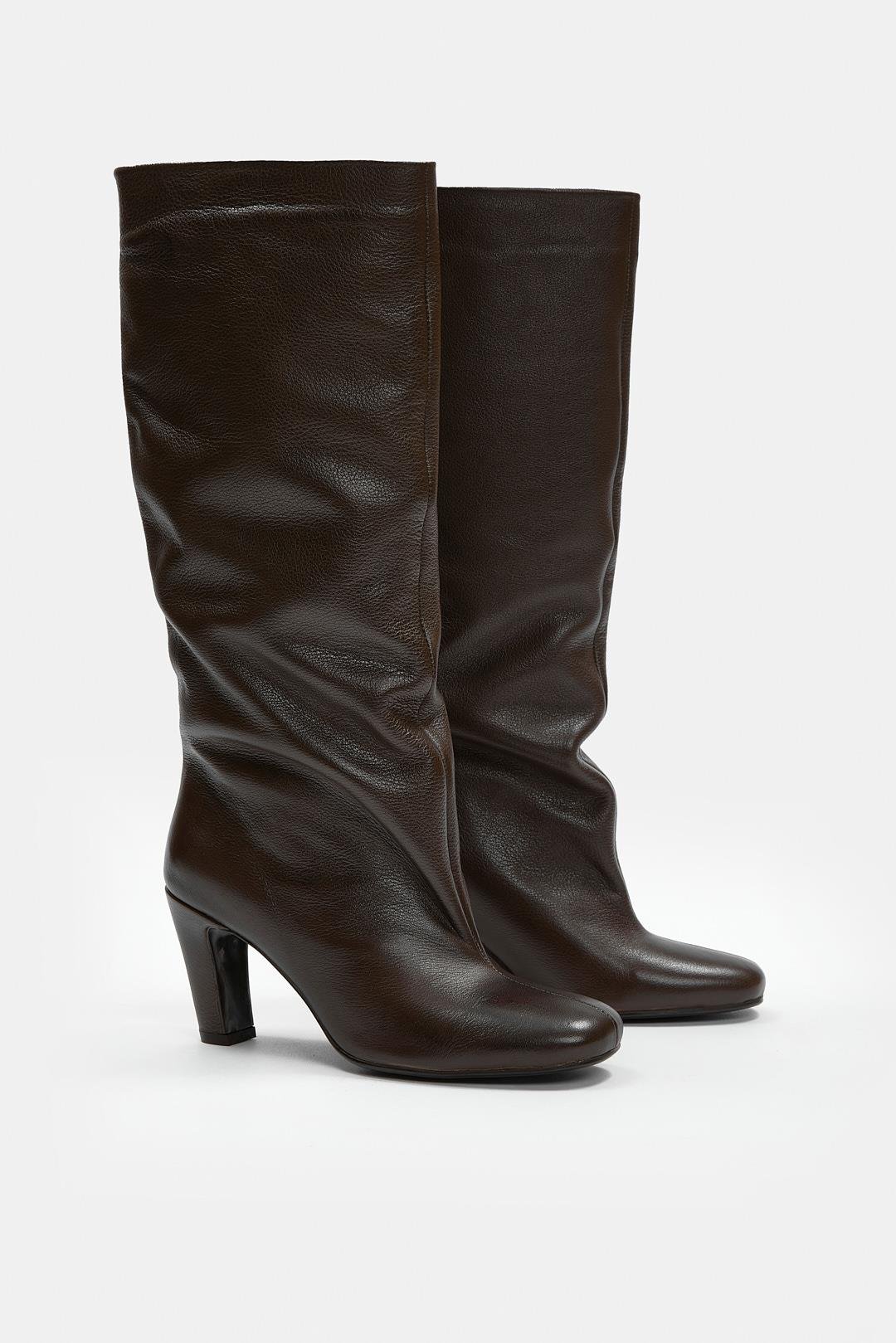 Megane Kahve Hakiki Deri Kadın Topuklu Çizme
