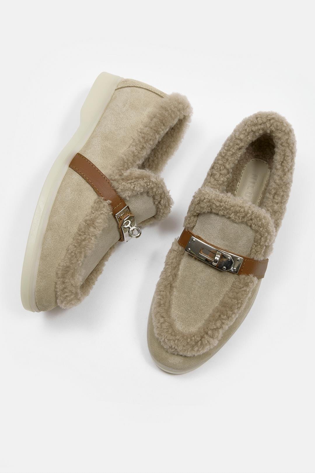 Melly Bej Hakiki Süet Kürklü Kadın Loafer