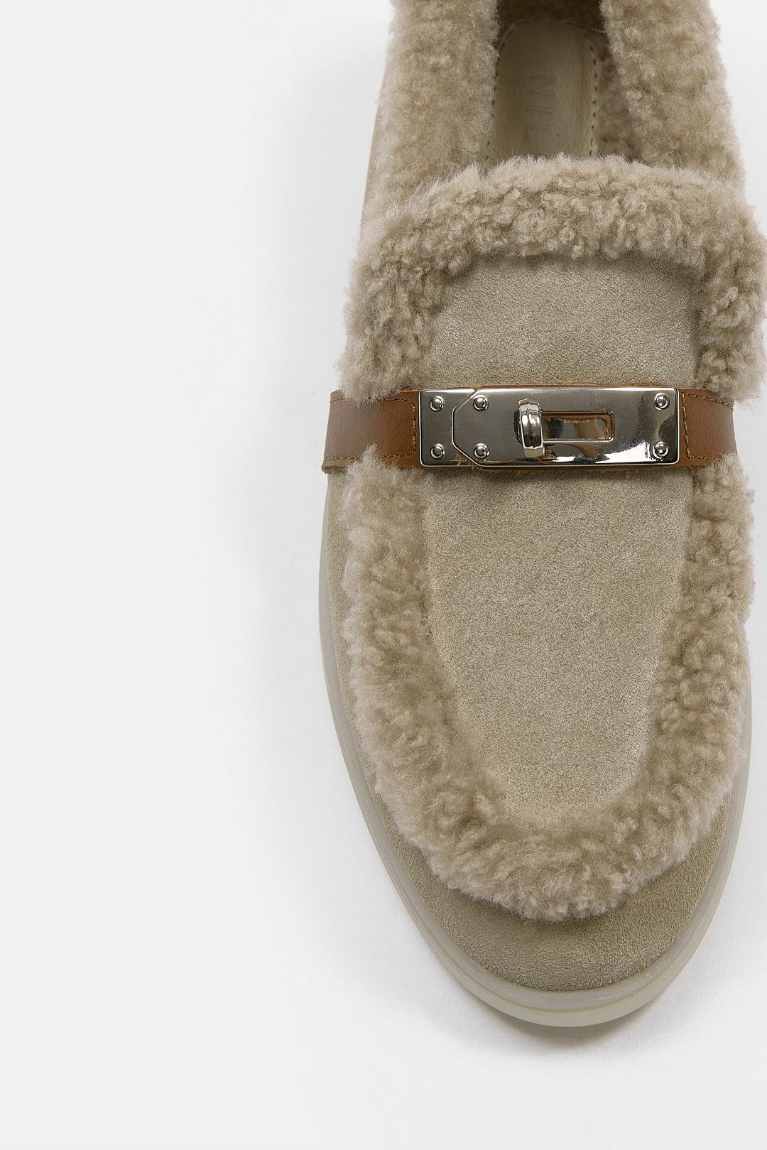 Melly Bej Hakiki Süet Kürklü Kadın Loafer