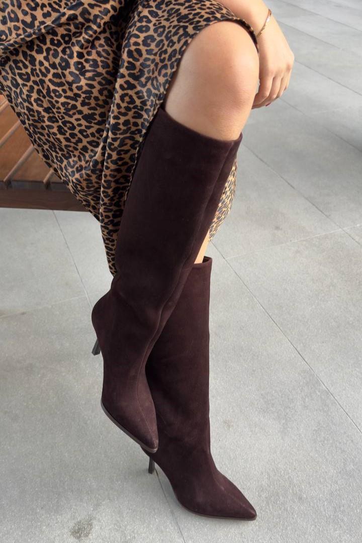 Melodi Acı Kahve Süet Hakiki Deri Topuklu Çizme