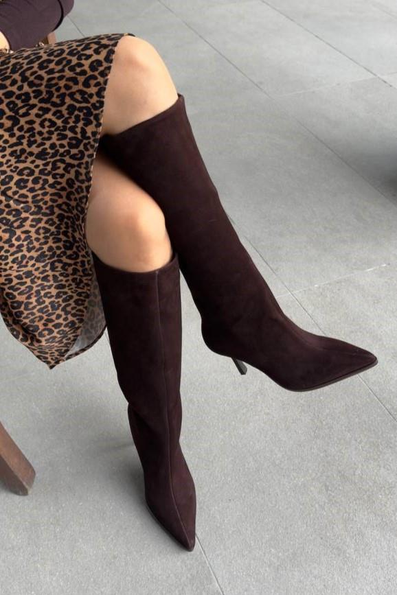Melodi Acı Kahve Süet Hakiki Deri Topuklu Çizme