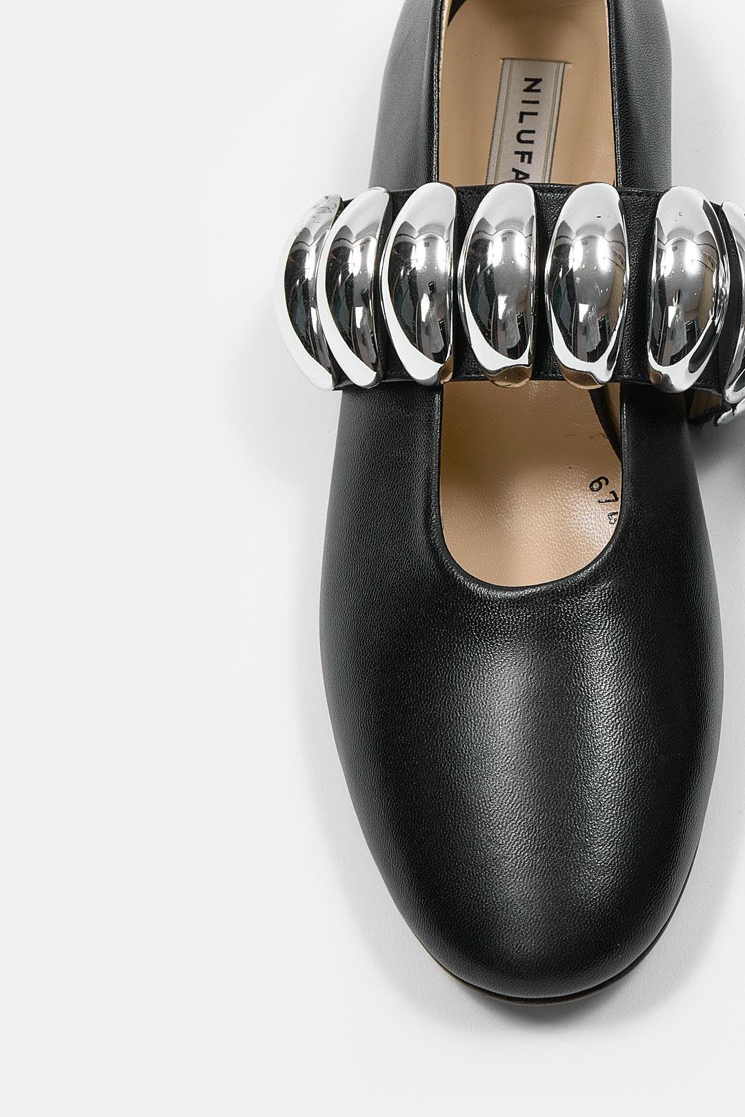 Merry Черные Женские Балетки из Натуральной Кожи с Серебряной Фурнитурой