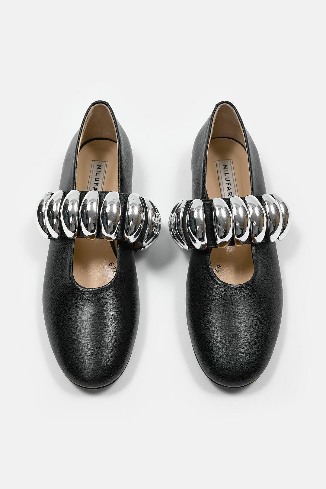 Merry Черные Женские Балетки из Натуральной Кожи с Серебряной Фурнитурой