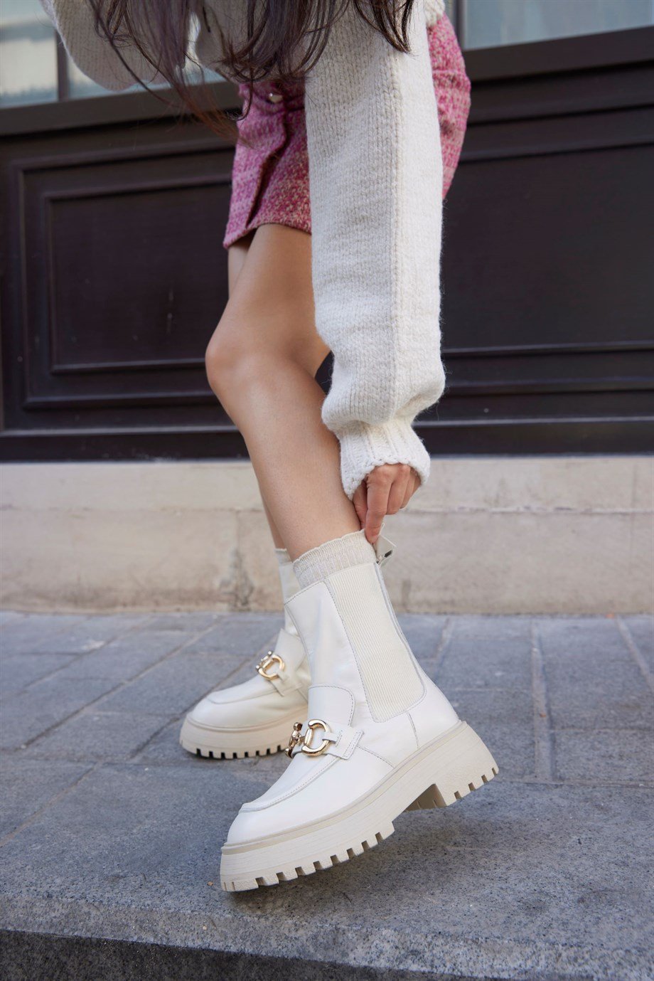 Mickey Beige Leather Thick Soled Women's Boots
