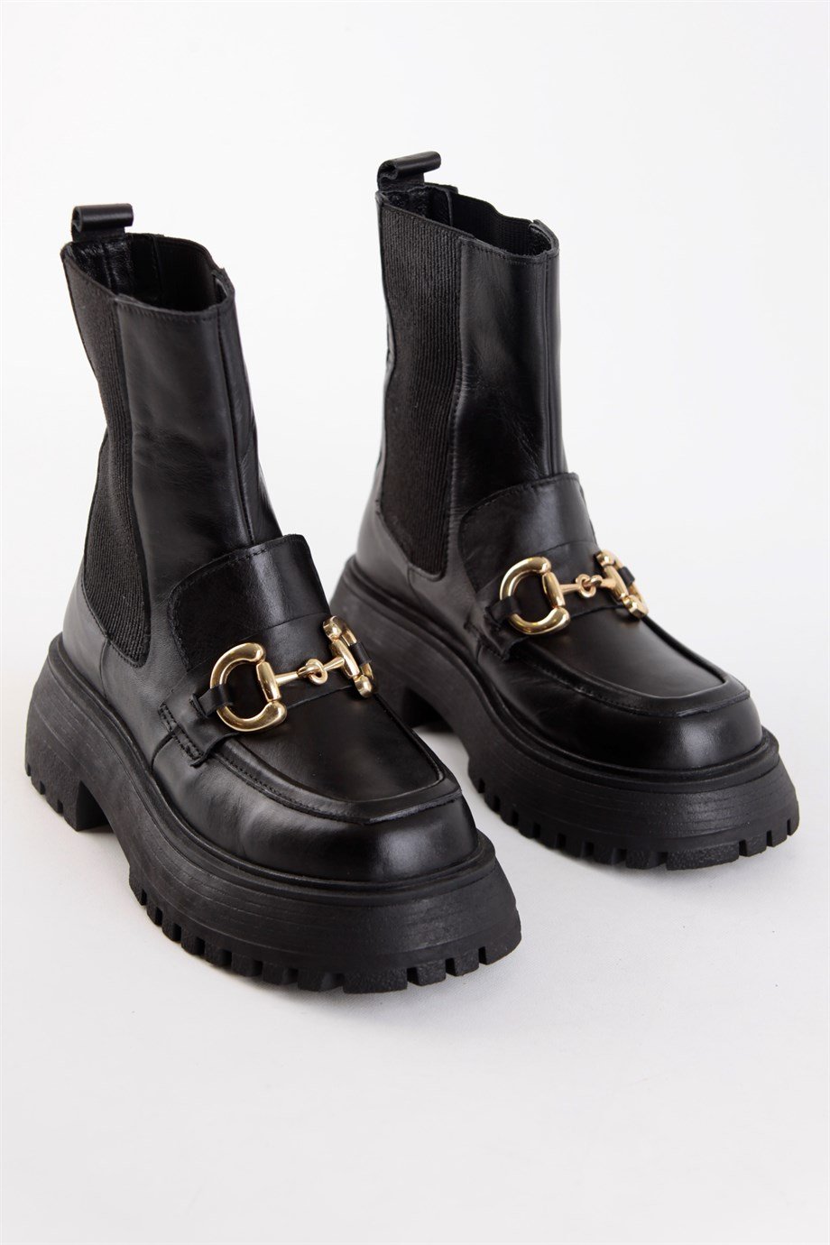 Mıckey Siyah Hakiki Deri Kalın Tabanlı Kadın Bot