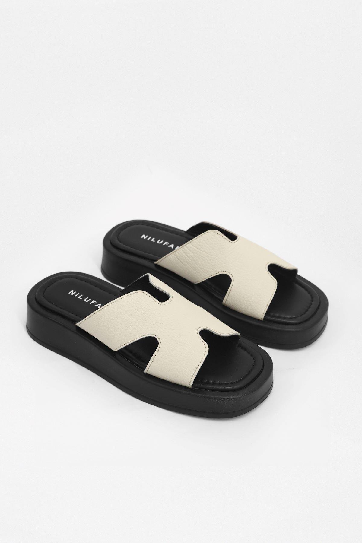 Mika Bej Floter Hakiki Deri Kadın Terlik