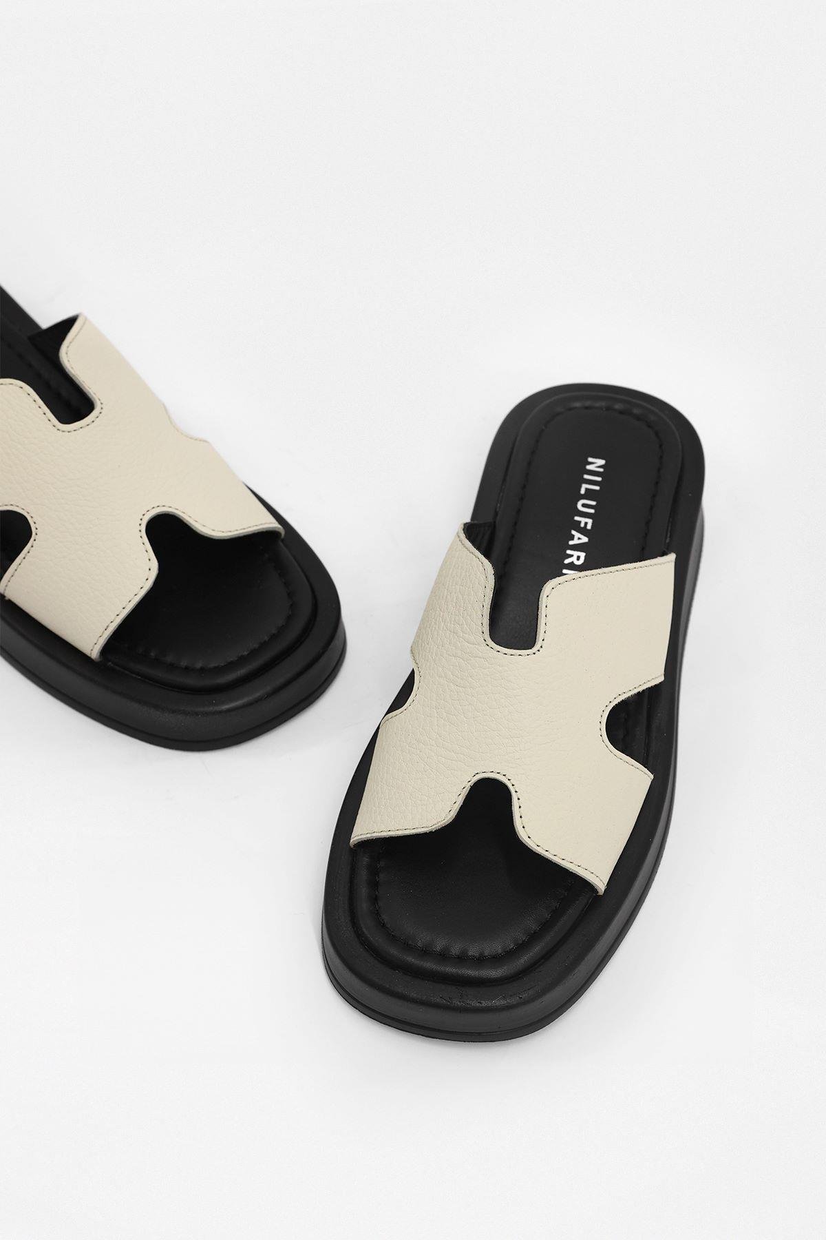 Mika Bej Floter Hakiki Deri Kadın Terlik