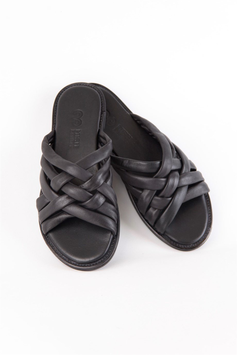 Milica Siyah Hakiki Deri Çapraz Bantlı Kadın Terlik