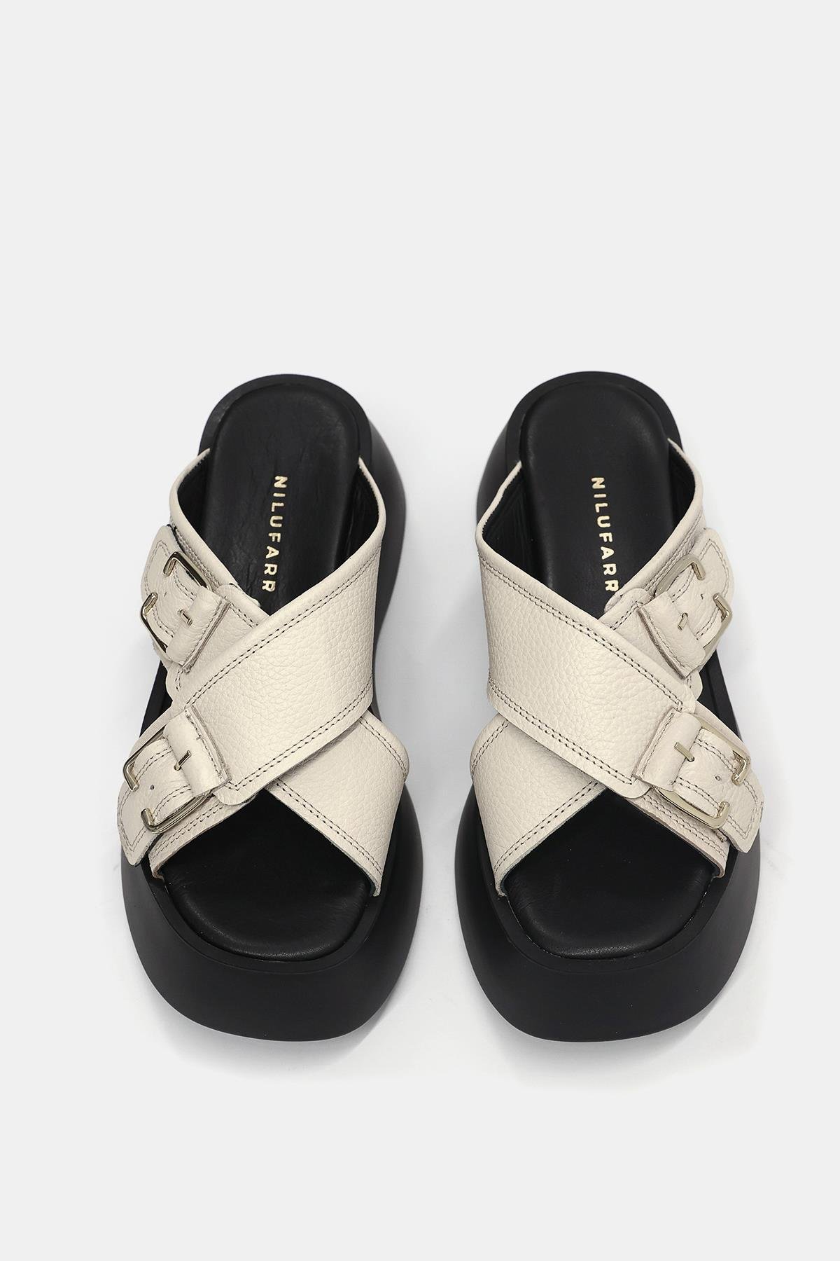 Mitta Bej Hakiki Deri Kalın Tabanlı Kadın Terlik