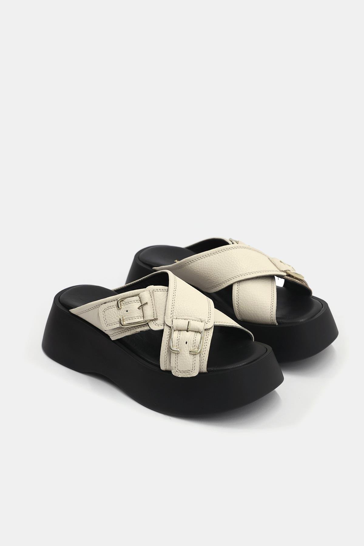 Mitta Bej Hakiki Deri Kalın Tabanlı Kadın Terlik