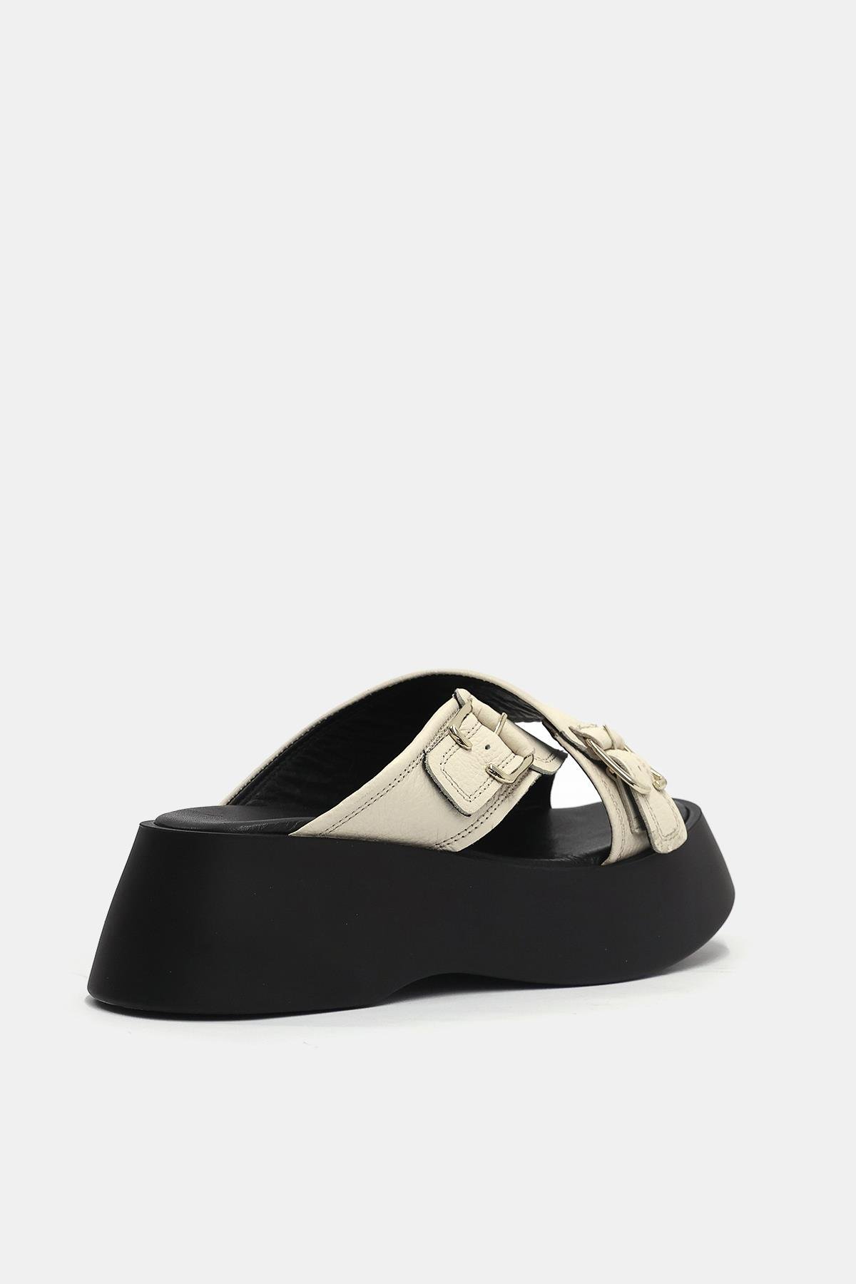 Mitta Bej Hakiki Deri Kalın Tabanlı Kadın Terlik