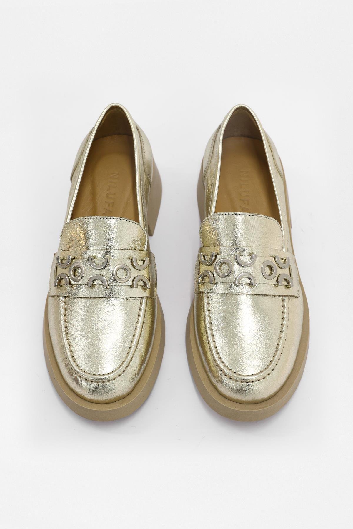 Morris Altın Hakiki Deri Gümüş Aksesuarlı Kadın Loafer