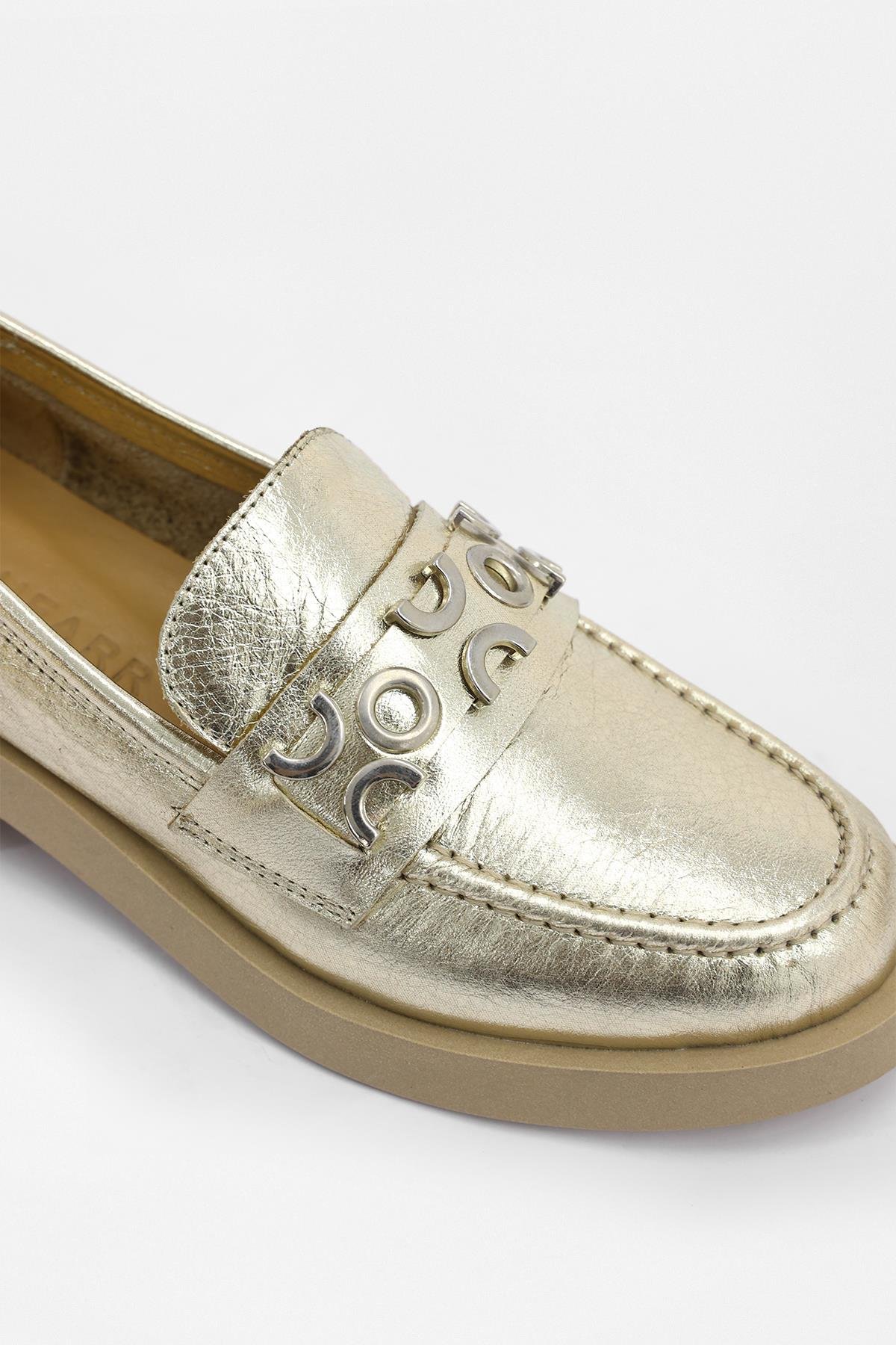 Morris Altın Hakiki Deri Gümüş Aksesuarlı Kadın Loafer