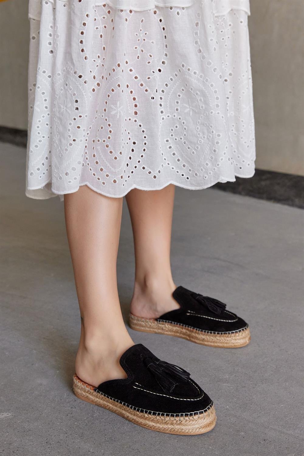 Mouse Black Suede Leather Women's Espadrilles Slippers