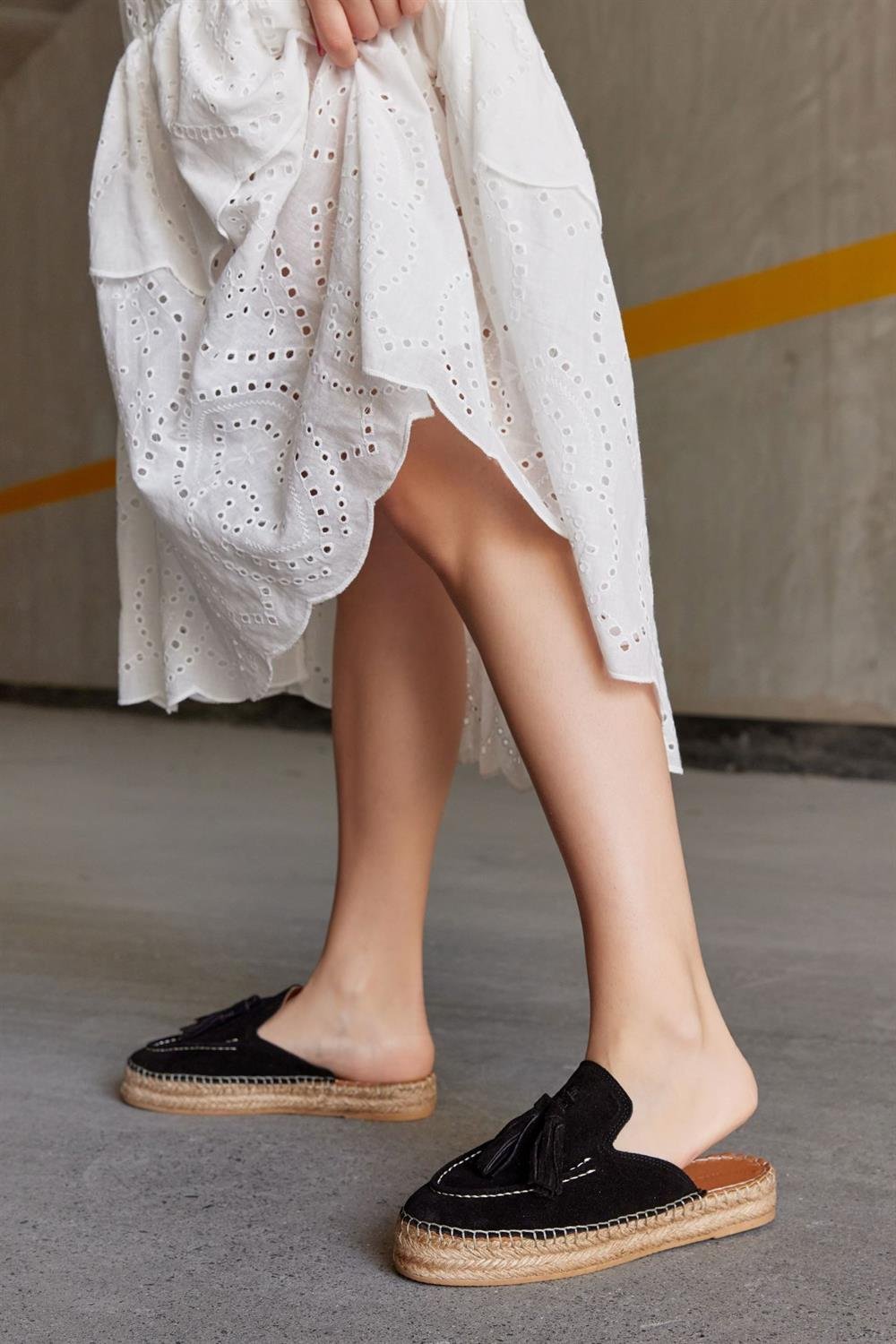 Mouse Black Suede Leather Women's Espadrilles Slippers