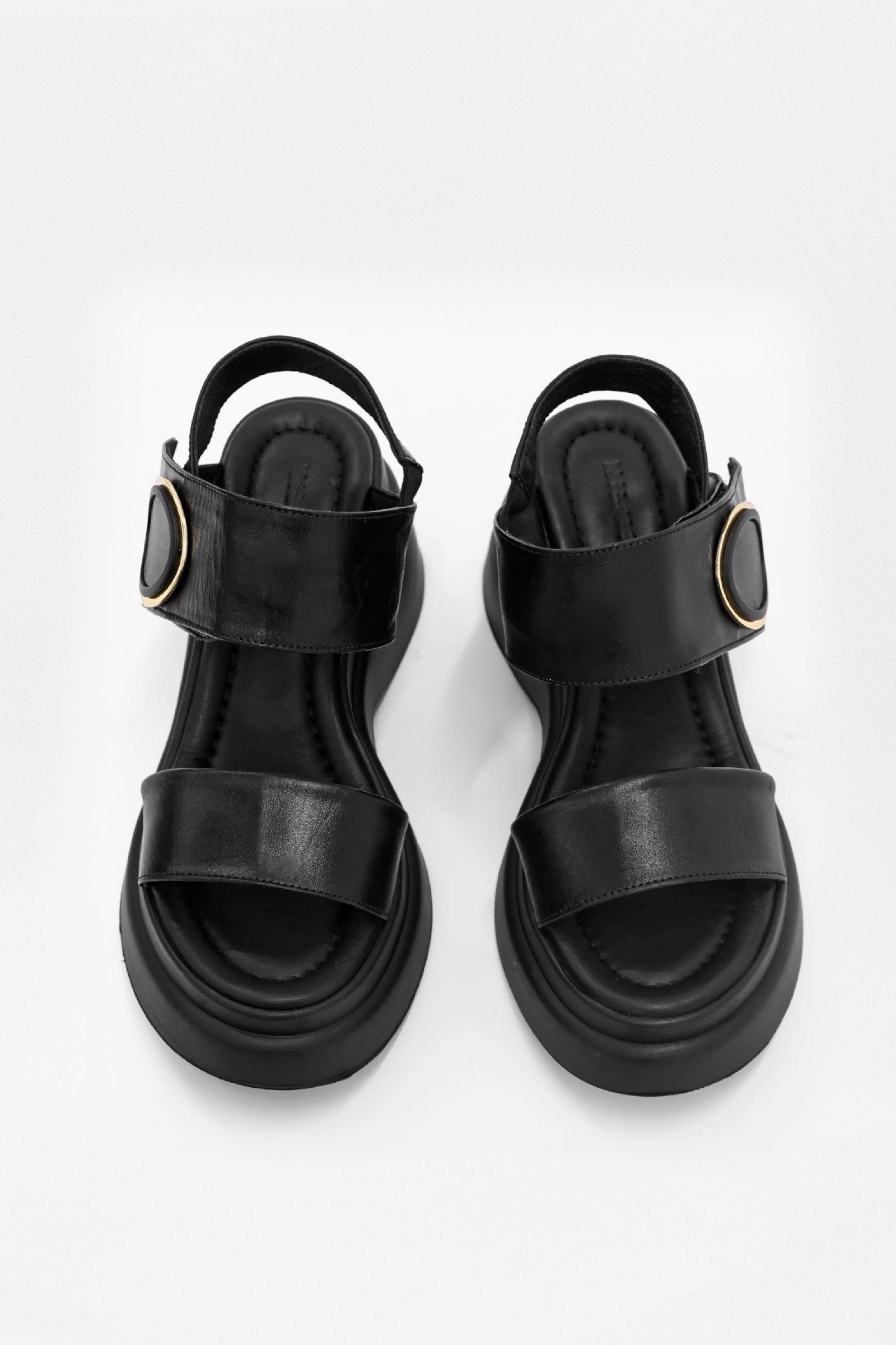 Mudo Siyah Hakiki Deri Topuklu Sandalet