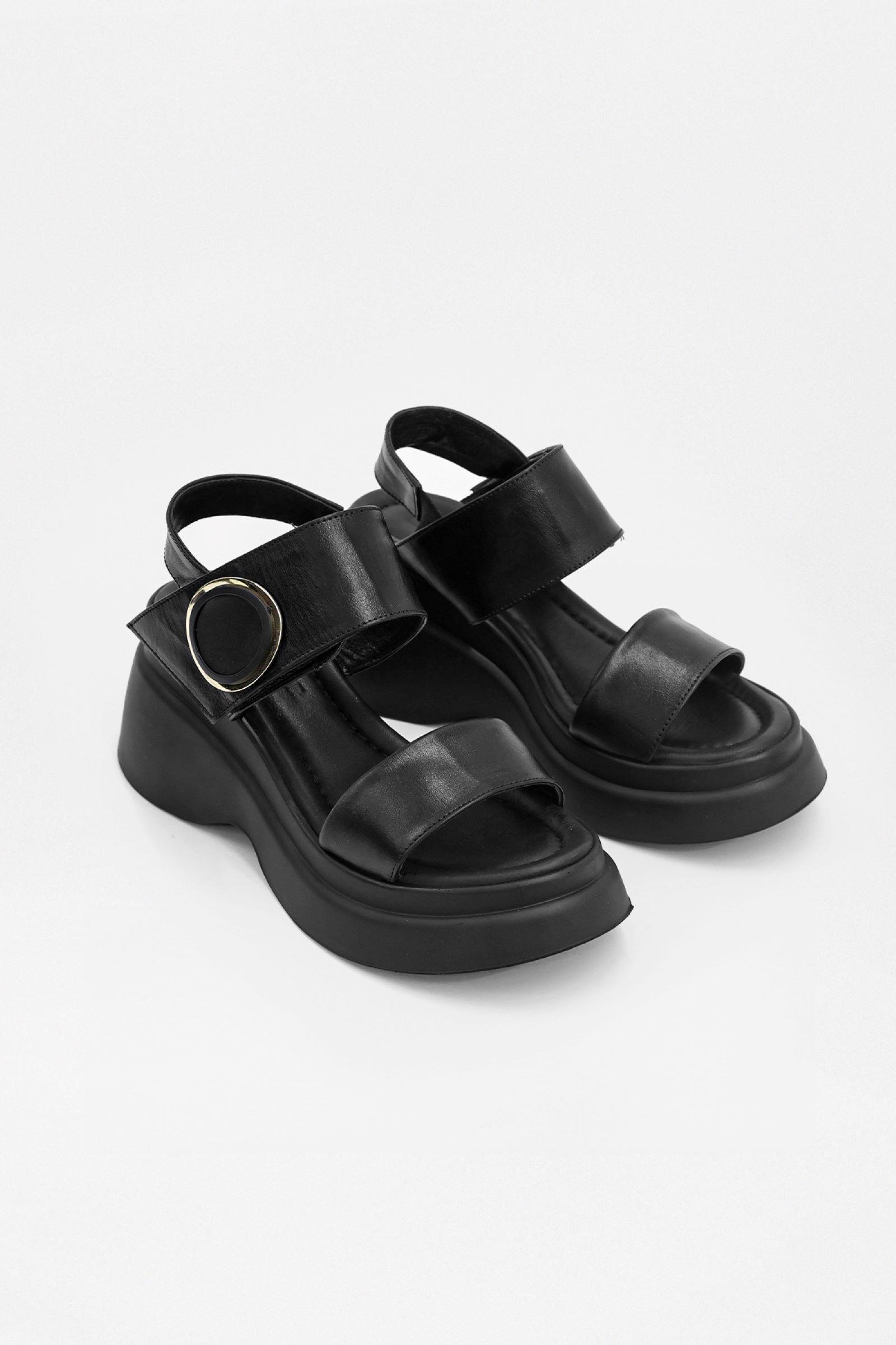 Mudo Siyah Hakiki Deri Topuklu Sandalet