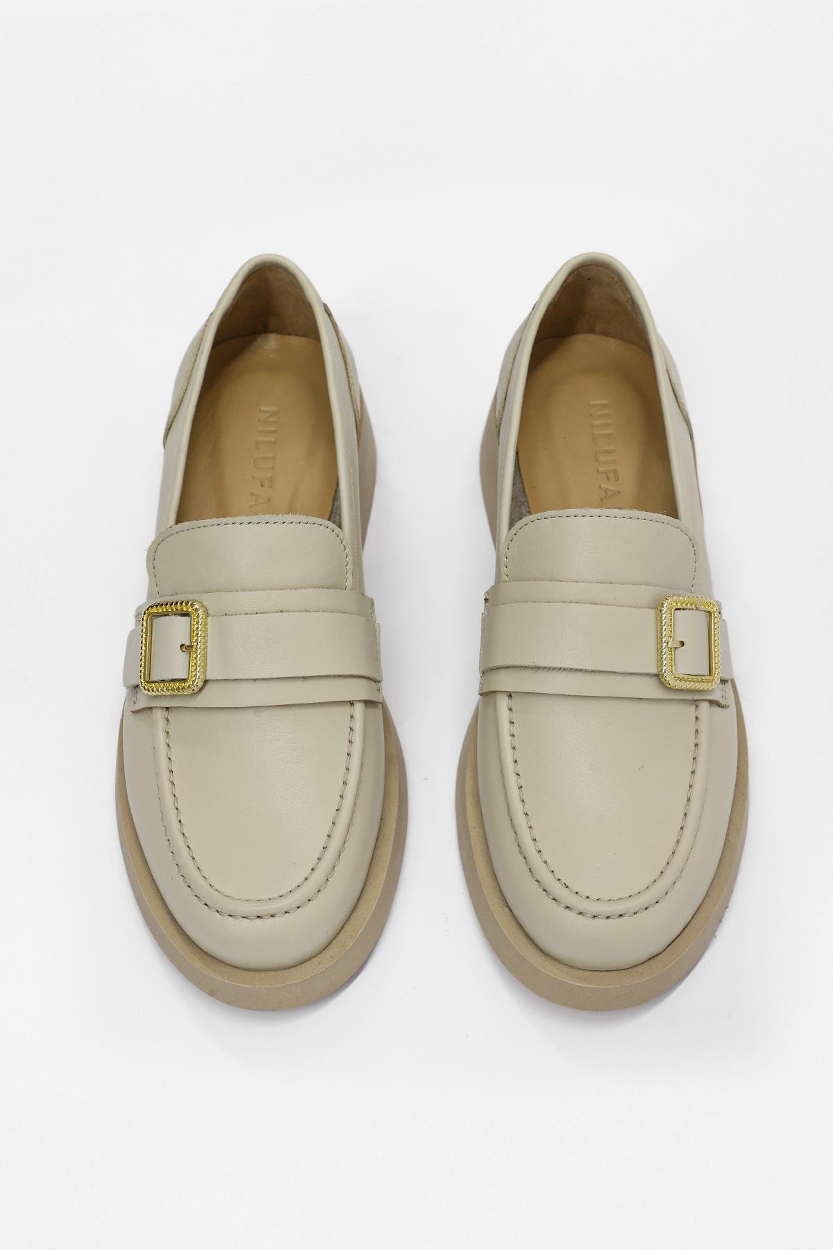 Neva Bej Hakiki Deri Altın Tokalı Kadın Loafer