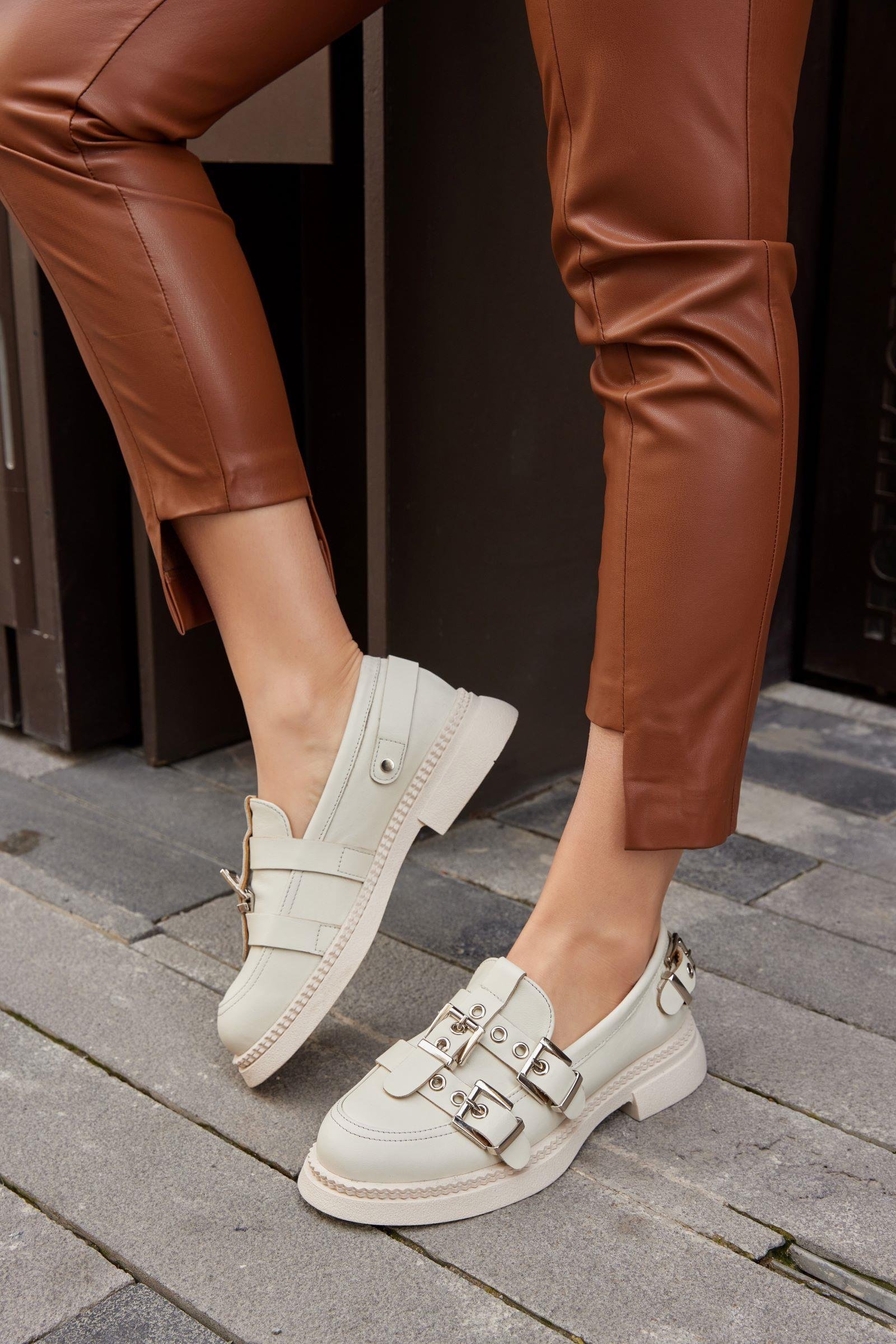 Ophelia Beige Genuine Leather Buckle Women's Loafer