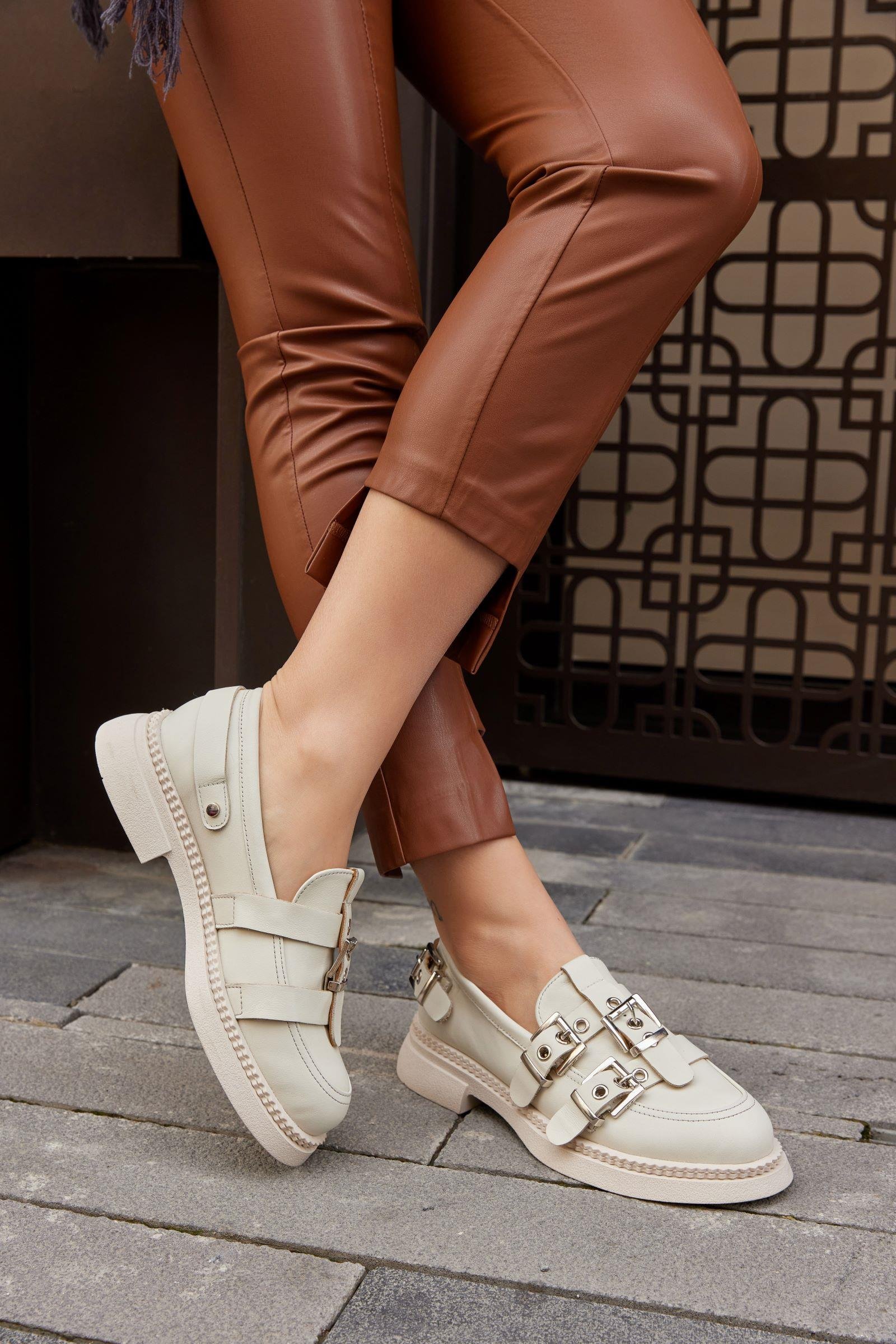 Ophelia Beige Genuine Leather Buckle Women's Loafer