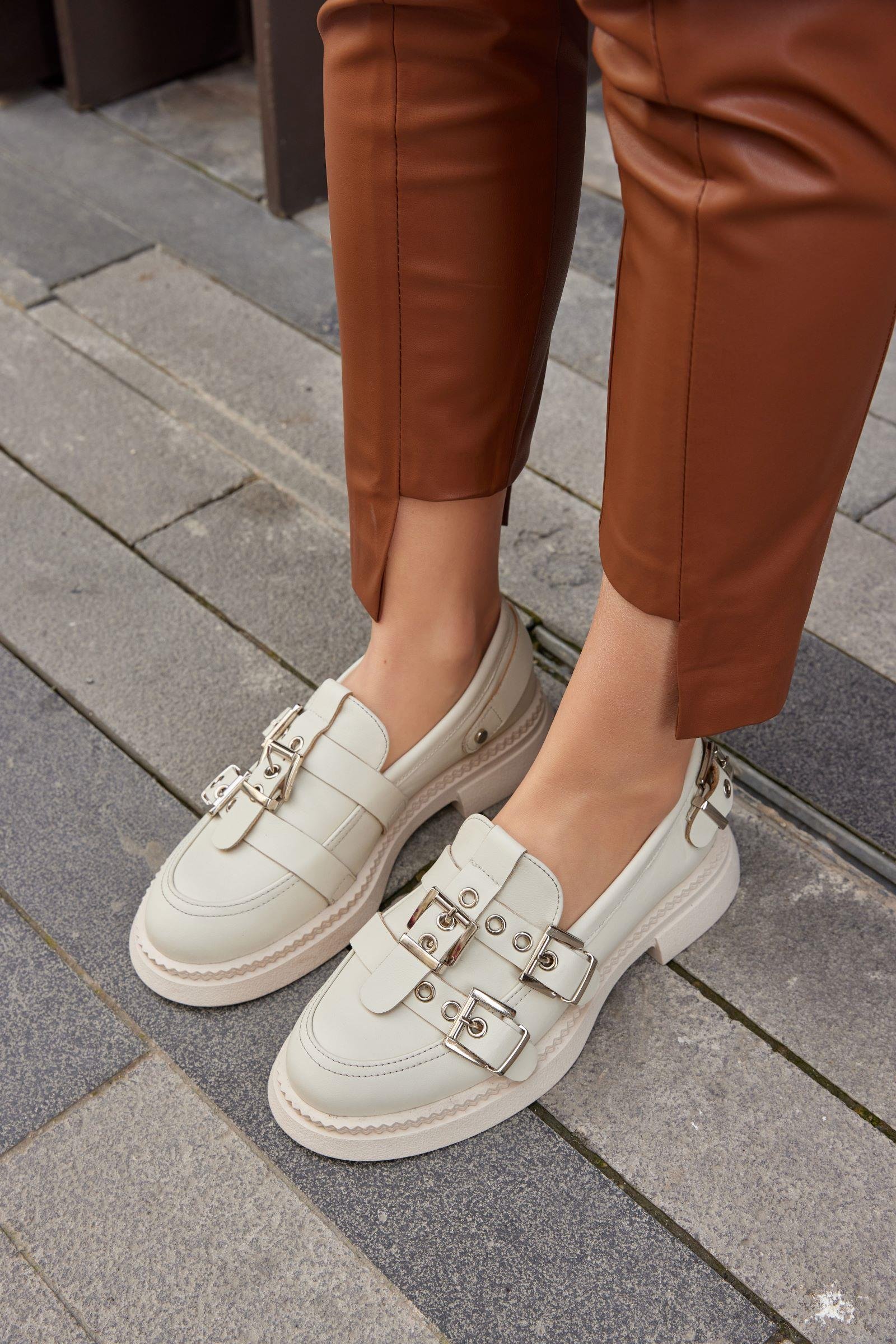 Ophelia Beige Genuine Leather Buckle Women's Loafer