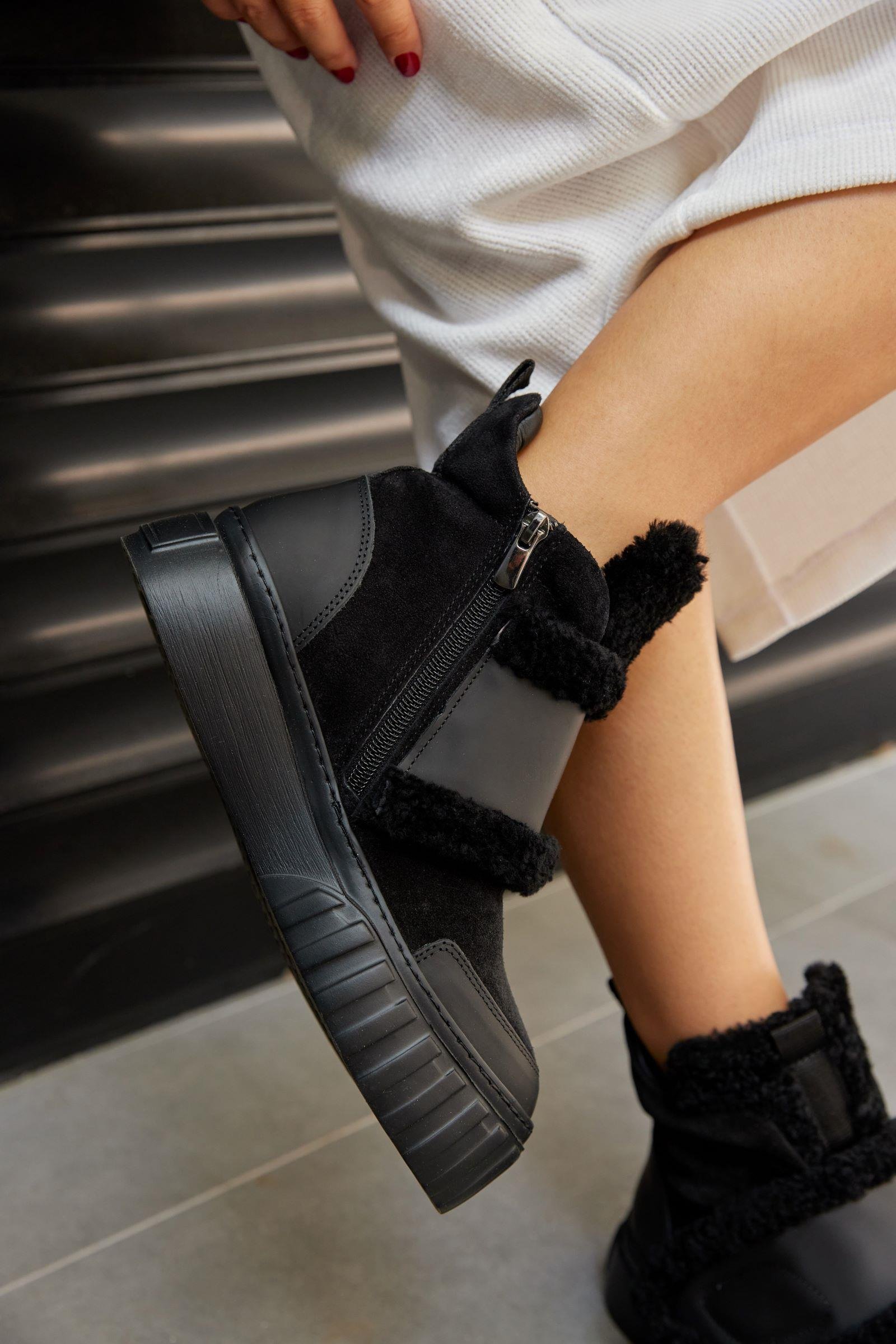 Oslo Siyah Hakiki Deri Kürklü Kadın Spor Bot