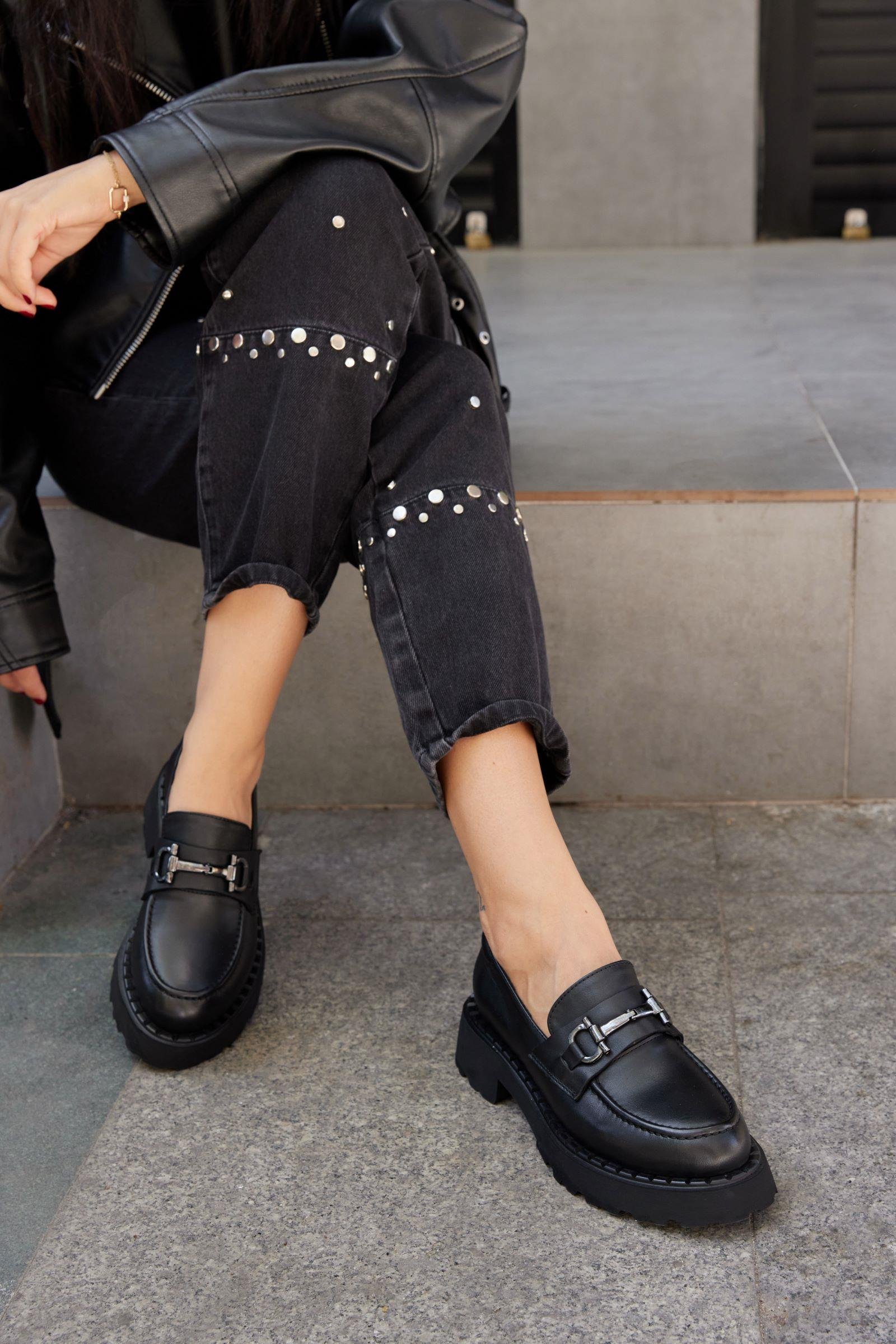 Ossy Siyah Hakiki Deri Kadın Loafer