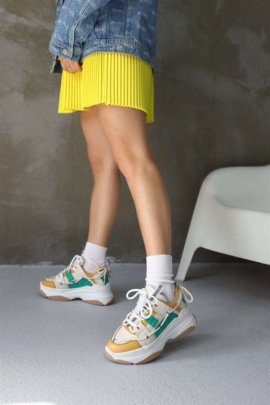 Otilia Sarı/Yeşil Hakiki Deri Kalın Tabanlı Kadın Sneaker