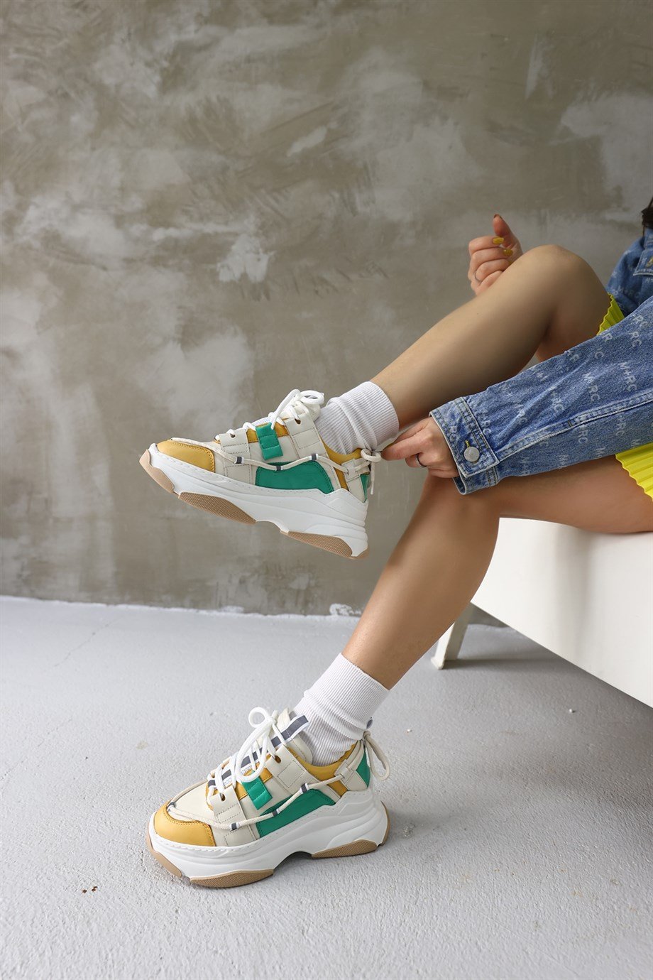 Otilia Sarı/Yeşil Hakiki Deri Kalın Tabanlı Kadın Sneaker
