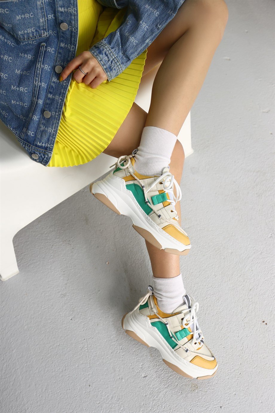 Otilia Sarı/Yeşil Hakiki Deri Kalın Tabanlı Kadın Sneaker