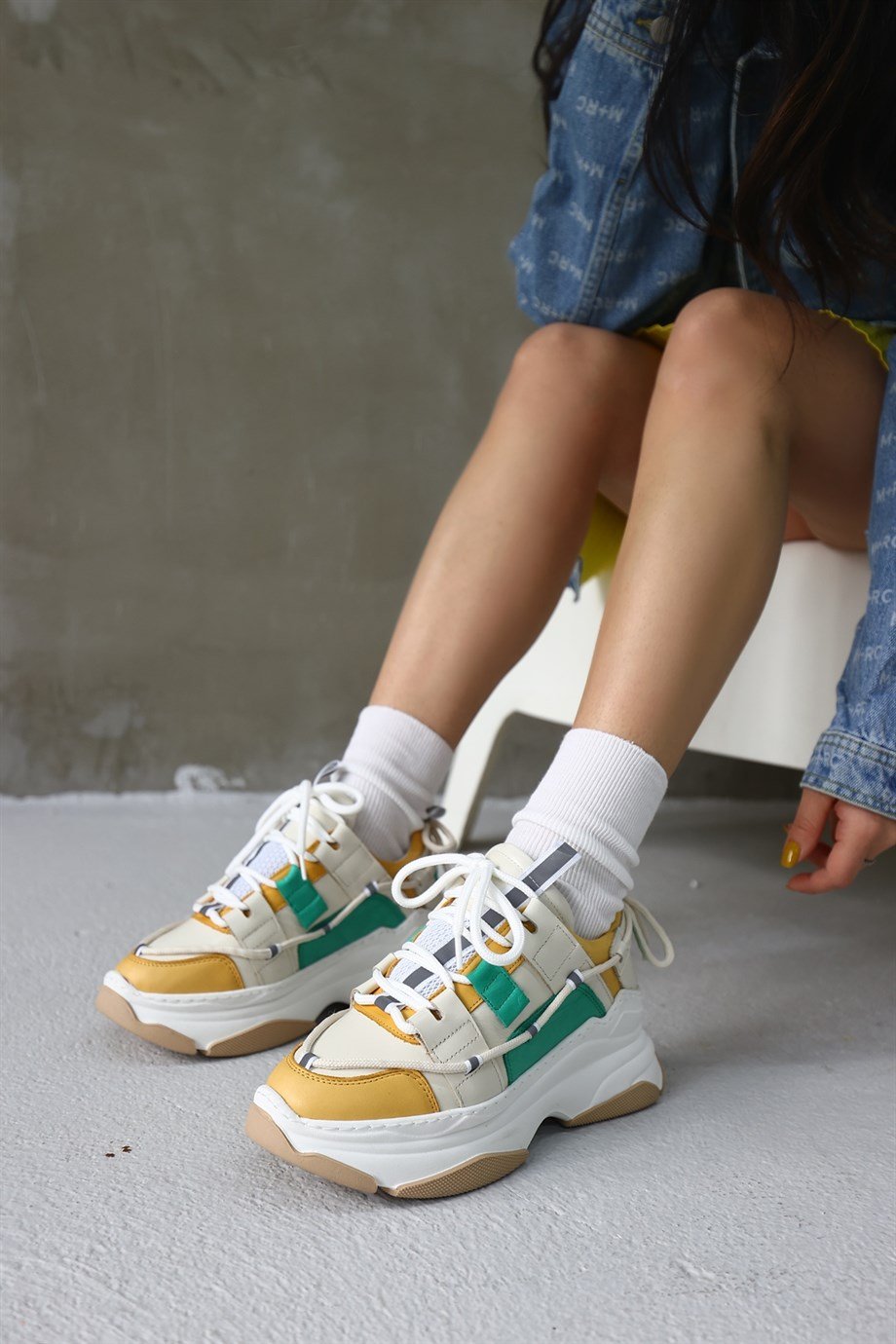 Otilia Sarı/Yeşil Hakiki Deri Kalın Tabanlı Kadın Sneaker