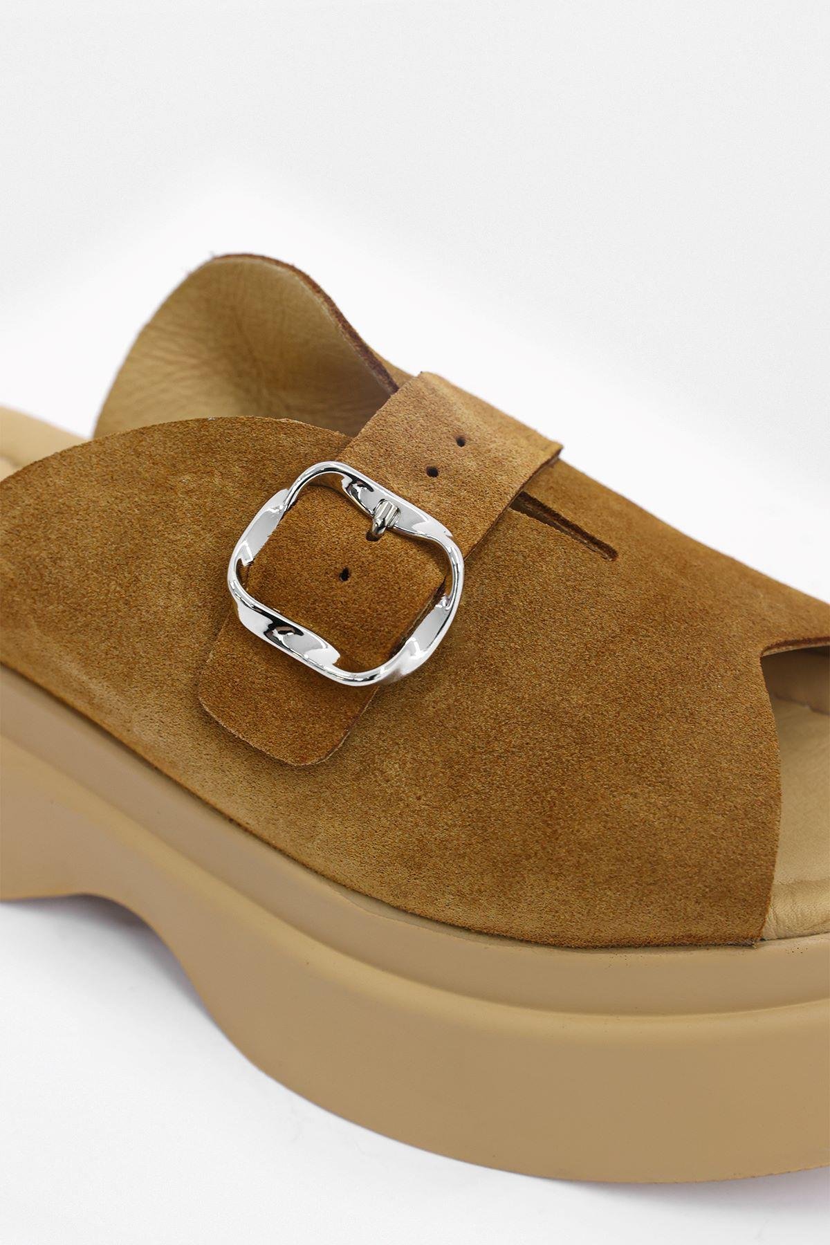 Palmer Taba Süet Hakiki Deri Kemer Aksesuarlı Topuklu Terlik