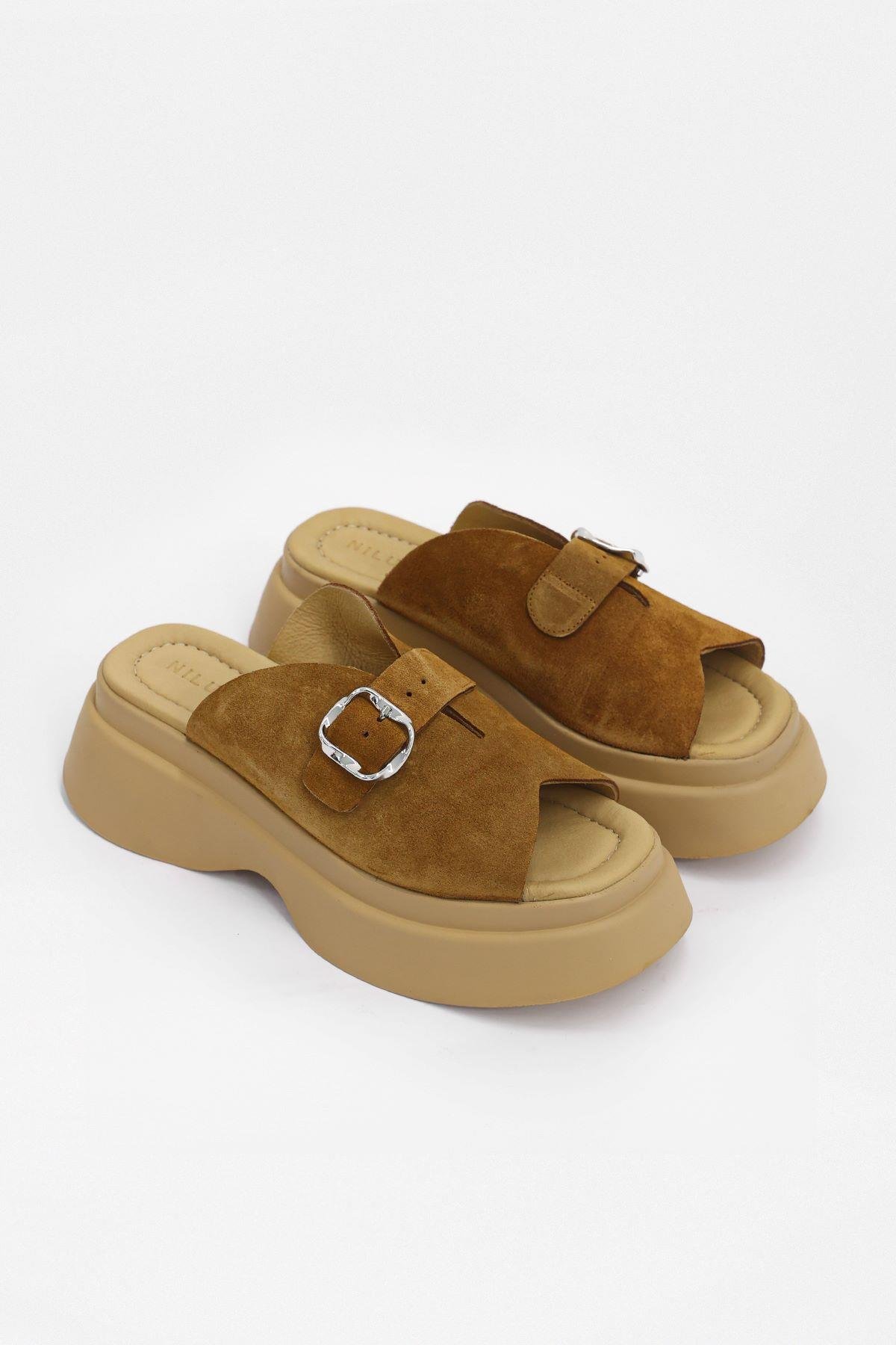 Palmer Taba Süet Hakiki Deri Kemer Aksesuarlı Topuklu Terlik