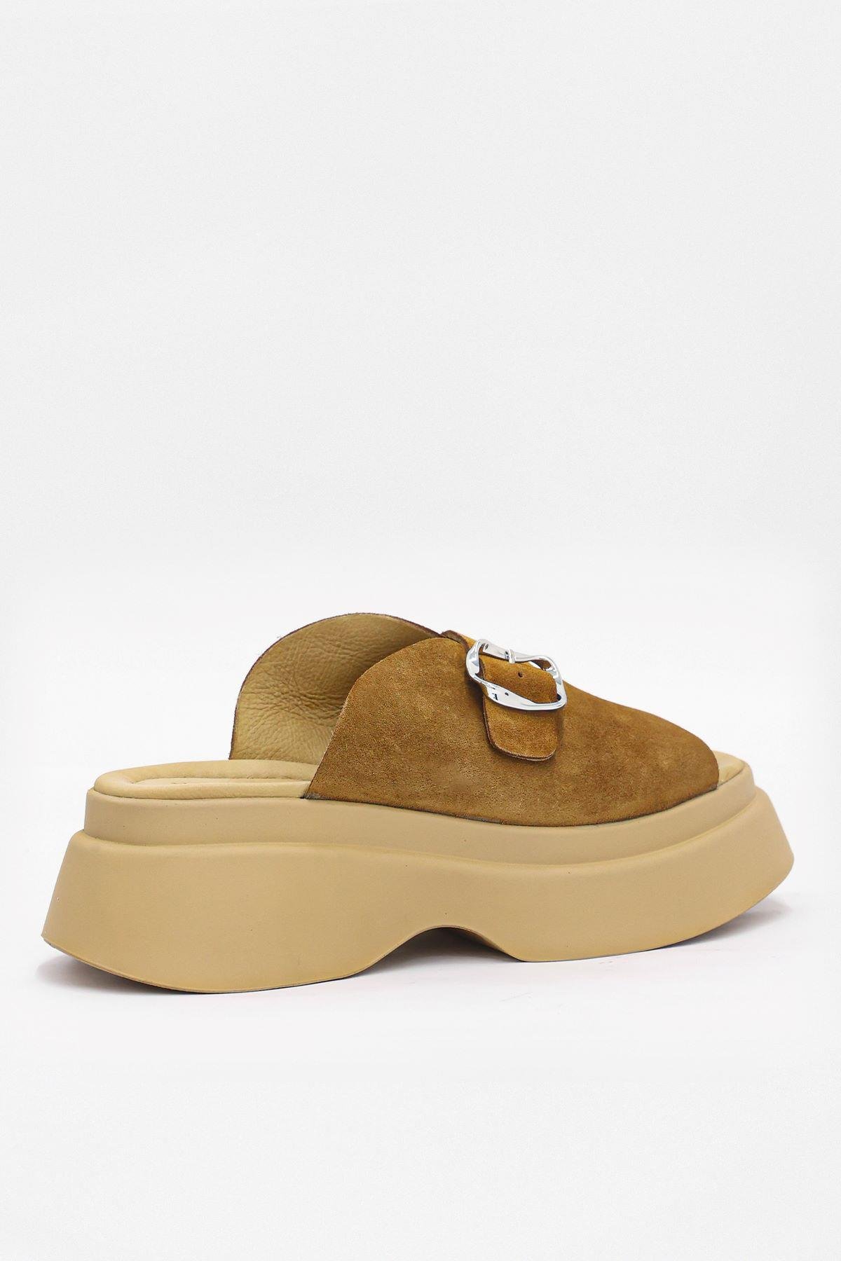 Palmer Taba Süet Hakiki Deri Kemer Aksesuarlı Topuklu Terlik