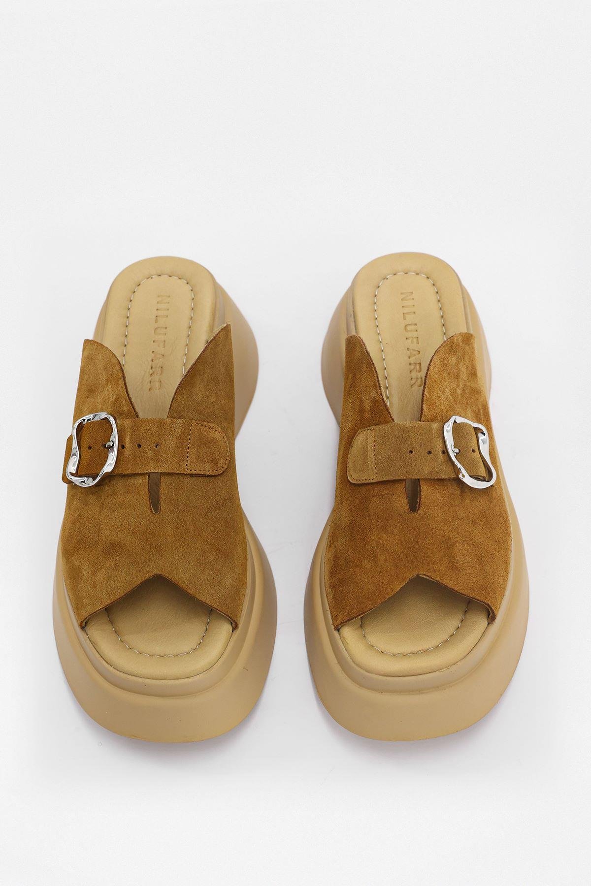 Palmer Taba Süet Hakiki Deri Kemer Aksesuarlı Topuklu Terlik