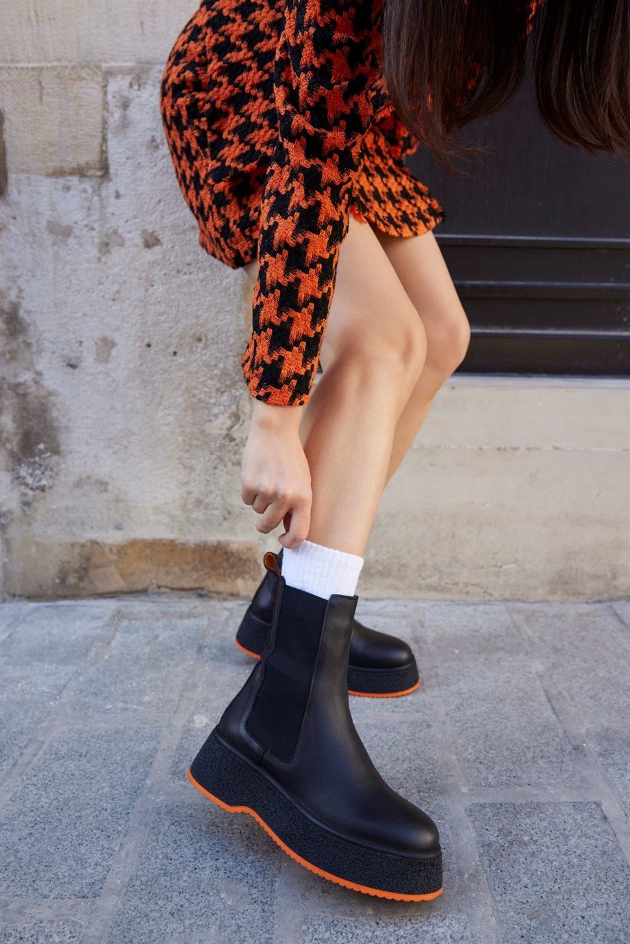 Pamela Black Leather Orange Sole Women's Boots