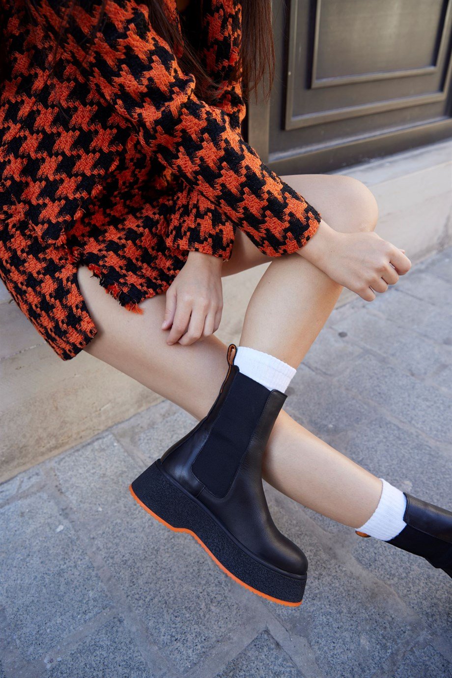 Pamela Black Leather Orange Sole Women's Boots