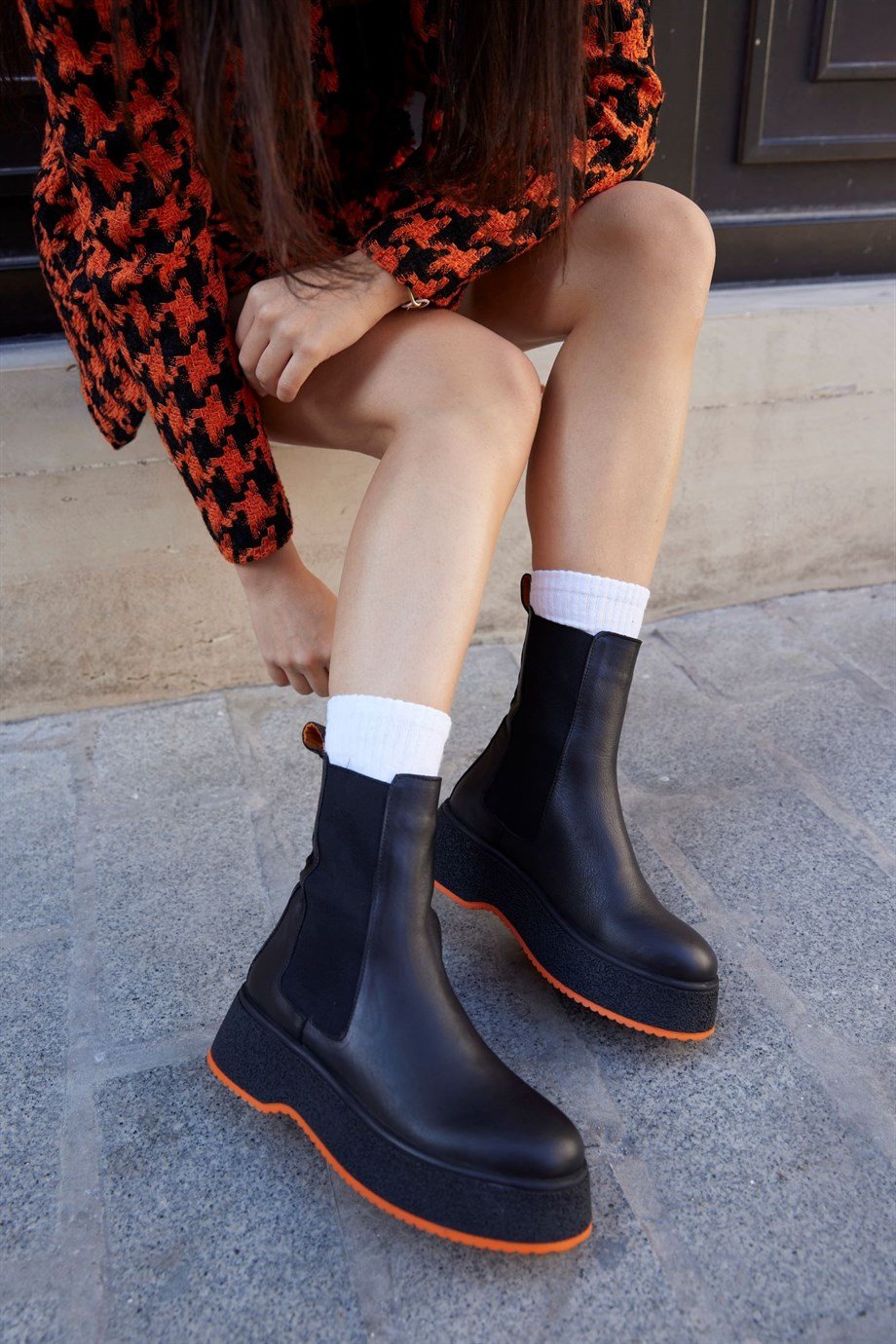 Pamela Black Leather Orange Sole Women's Boots