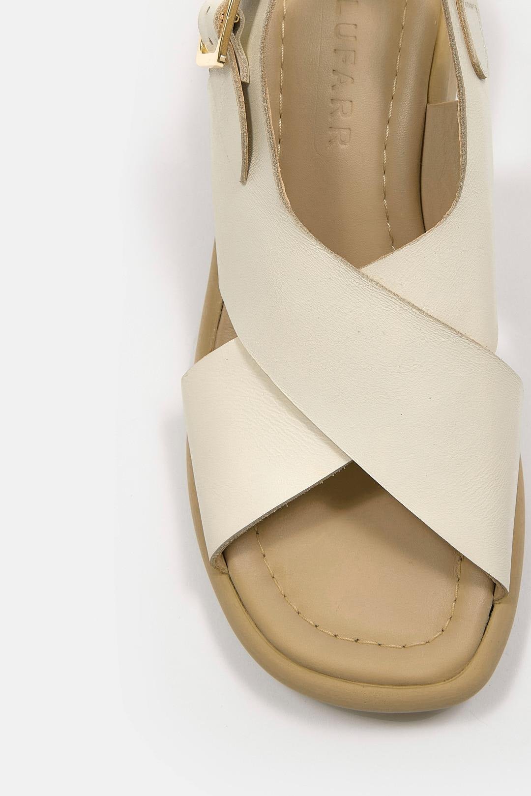 Panova Bej Hakiki Deri Kısa Topuklu Kadın Sandalet