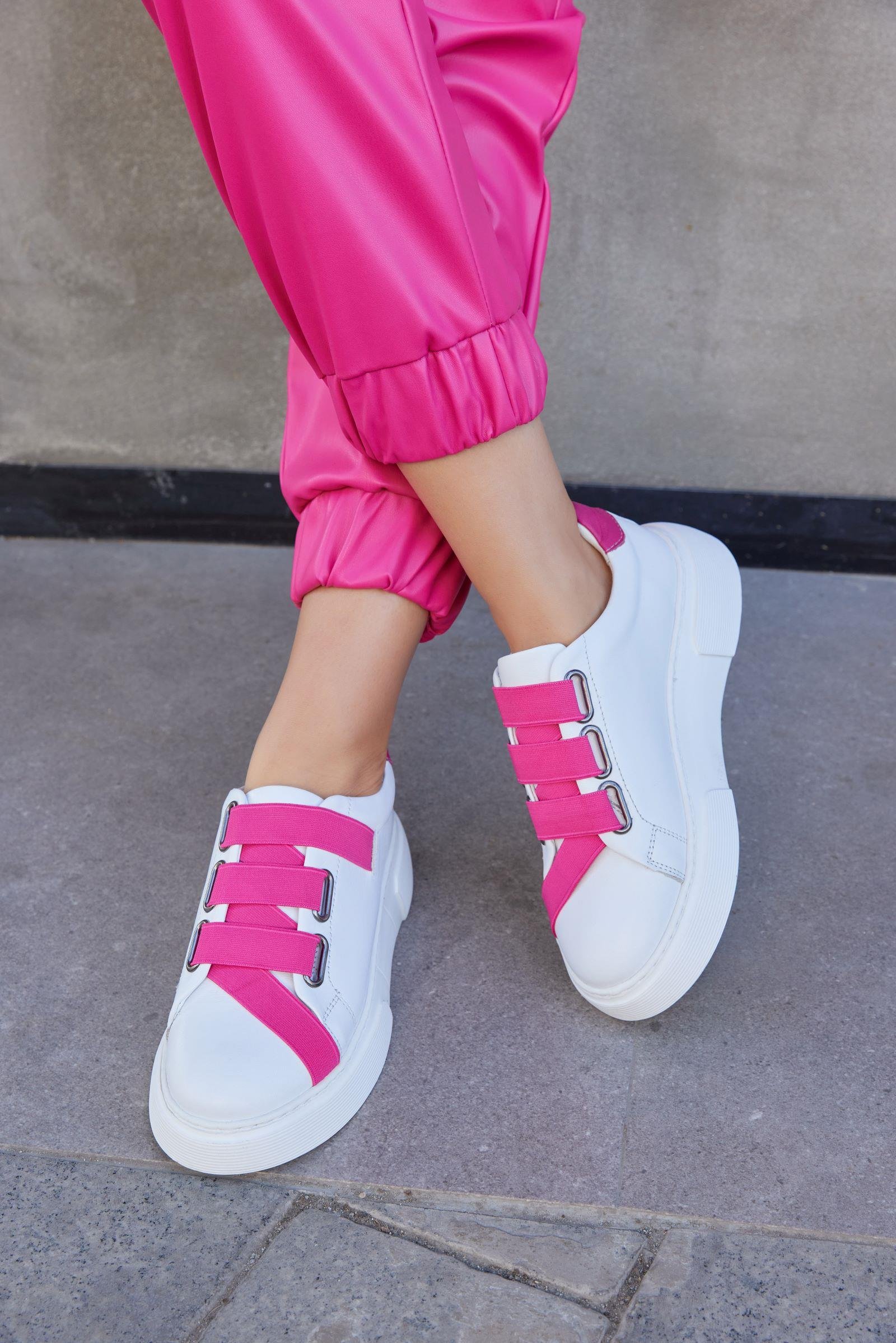 Patty Beyaz Hakiki Deri Pembe Lastikli Kadın Sneaker