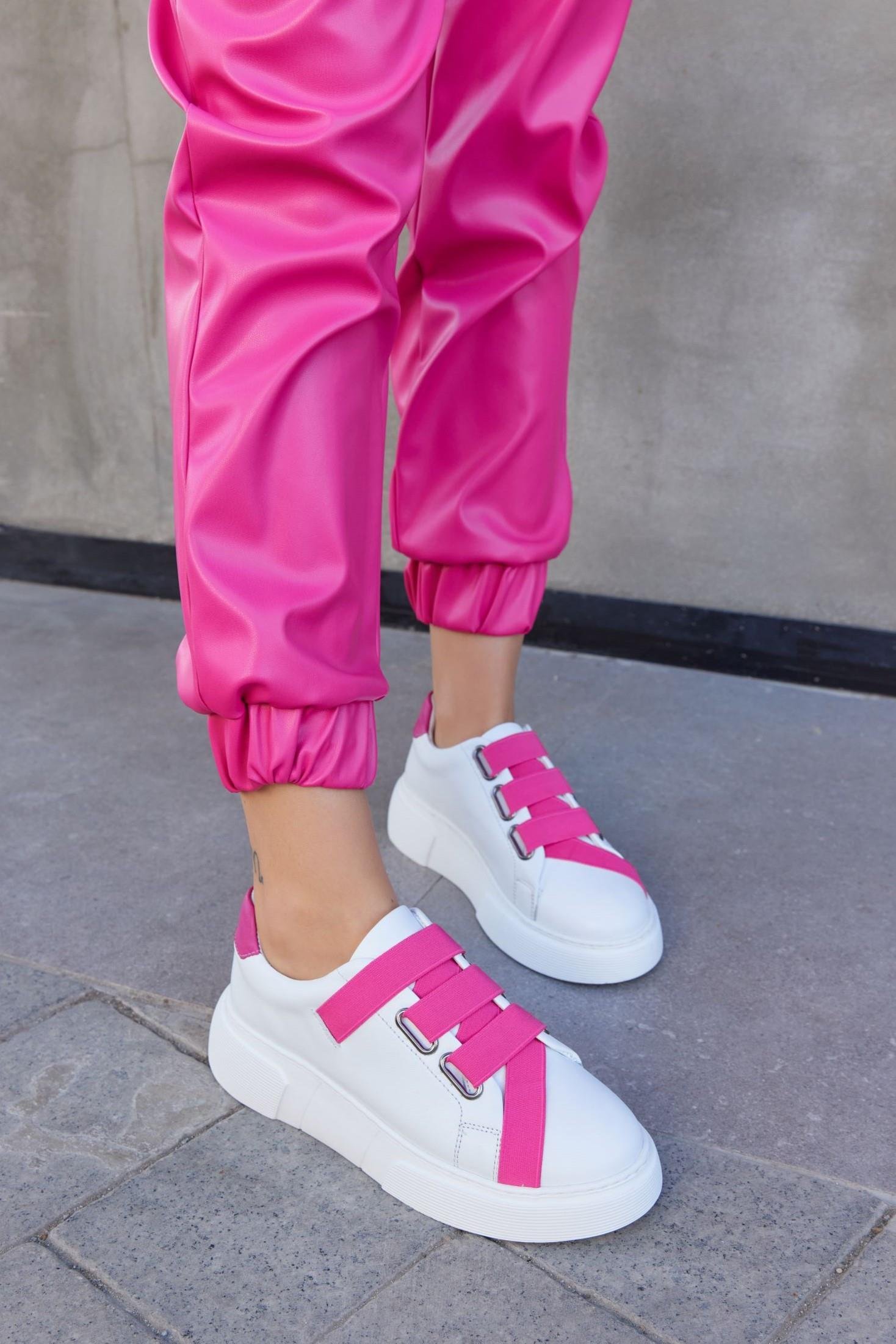 Patty Beyaz Hakiki Deri Pembe Lastikli Kadın Sneaker