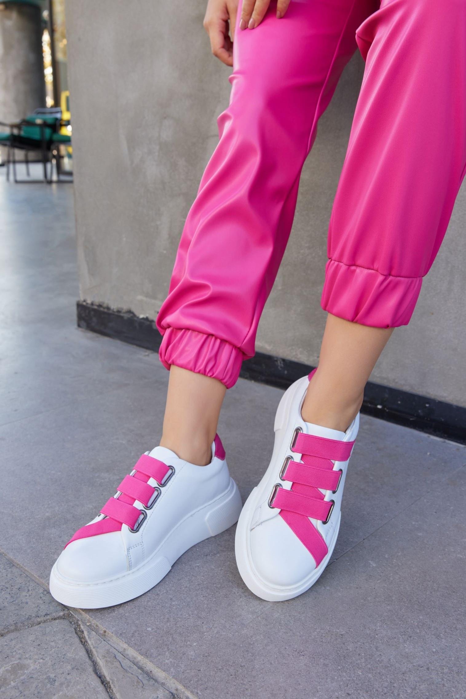Patty Beyaz Hakiki Deri Pembe Lastikli Kadın Sneaker