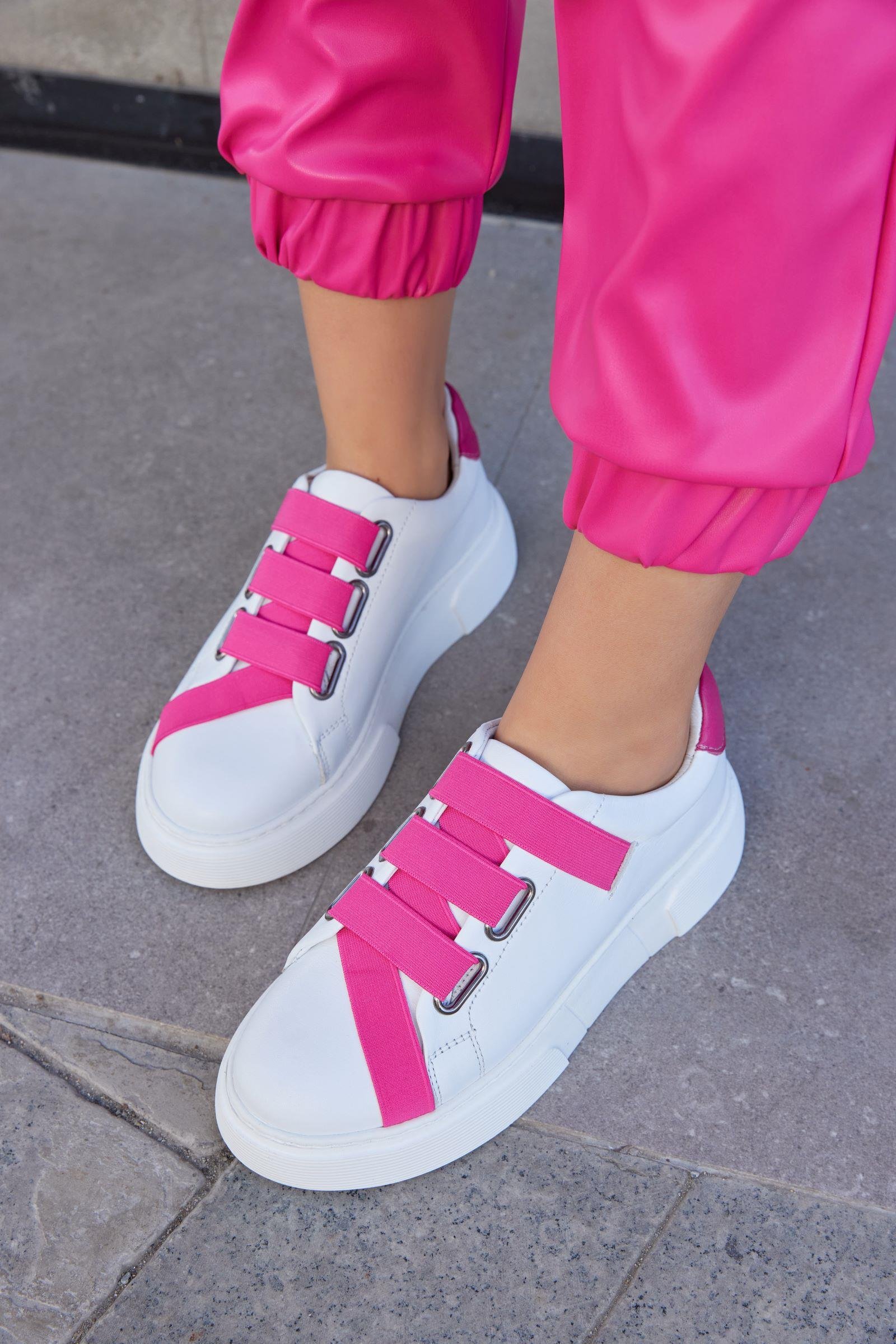 Patty Beyaz Hakiki Deri Pembe Lastikli Kadın Sneaker