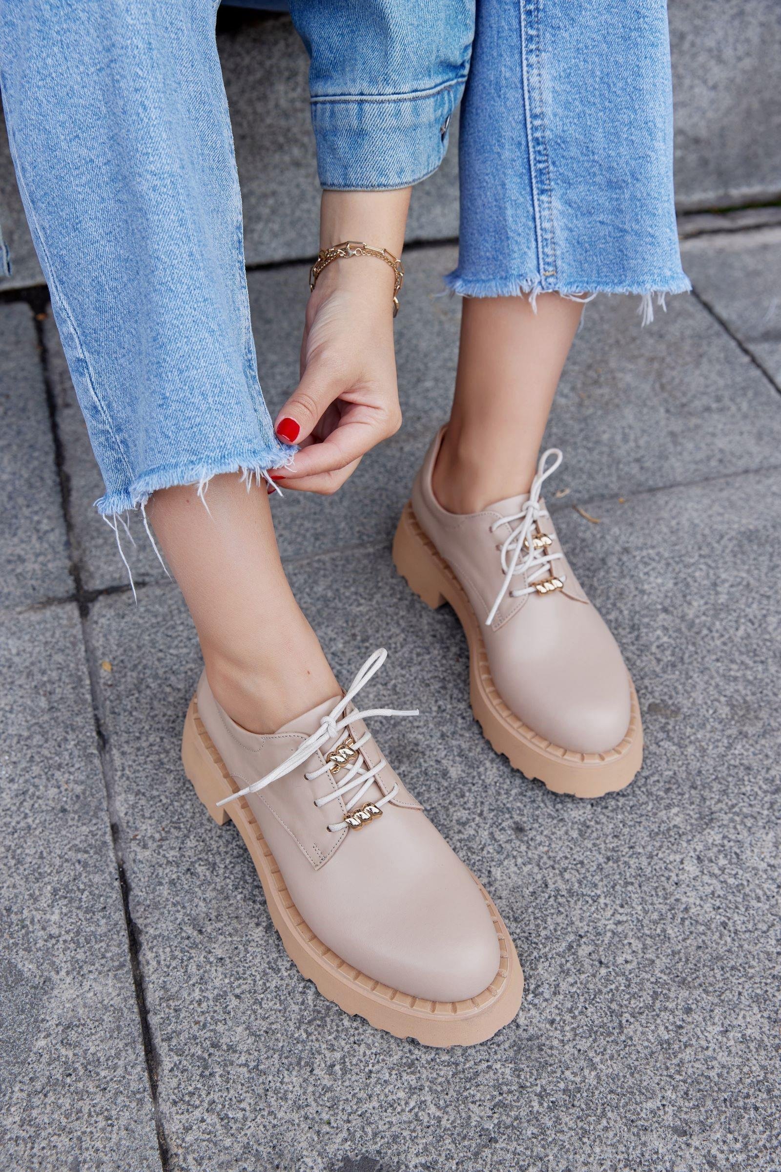 Pavia Nude Hakiki Deri Bağcıklı Kadın Loafer