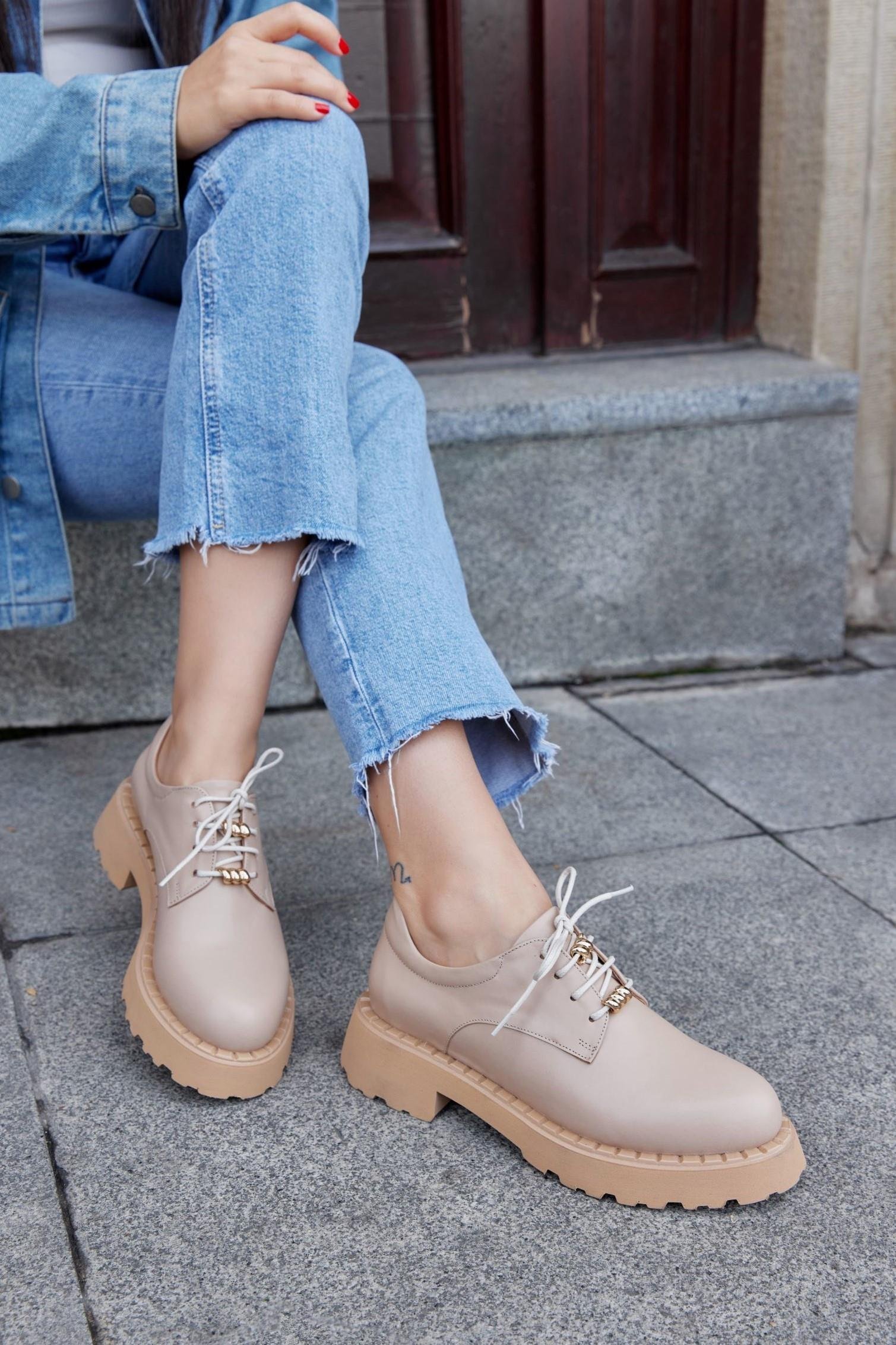 Pavia Nude Hakiki Deri Bağcıklı Kadın Loafer