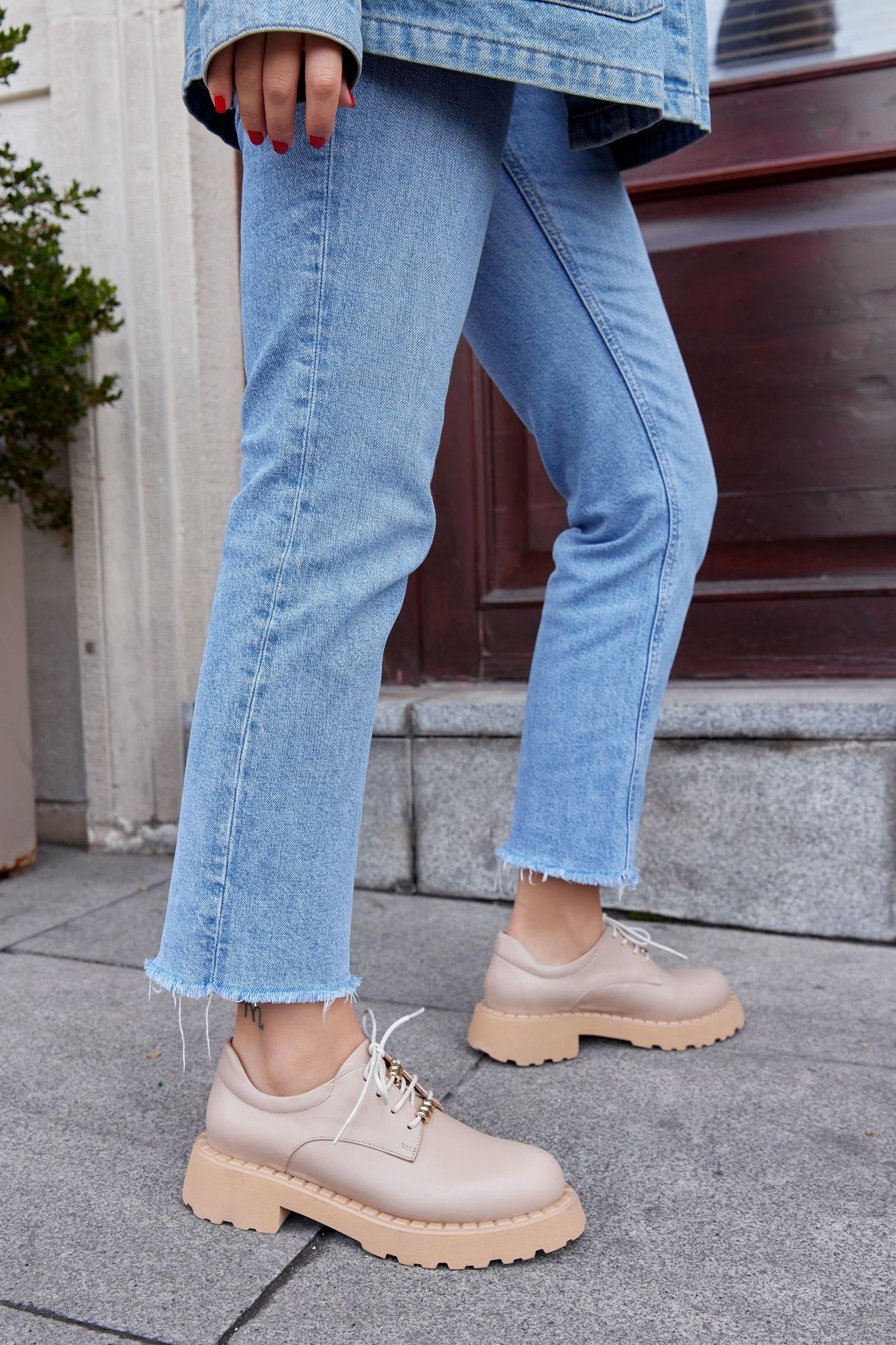 Pavia Nude Hakiki Deri Bağcıklı Kadın Loafer